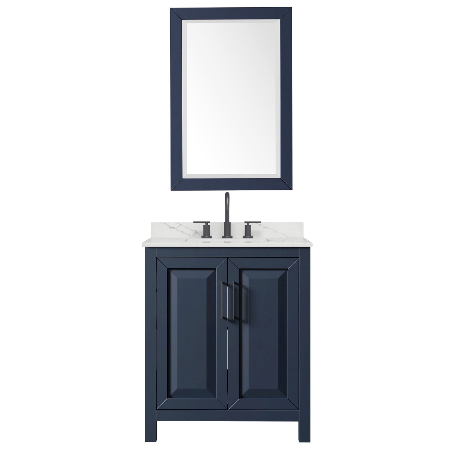Wyndham Collection Daria 30" Single Bathroom Vanity in Dark Blue, Giotto Quartz Countertop, Undermount Square Sink (3-Hole), Matte Black Trim, 24" Mirror