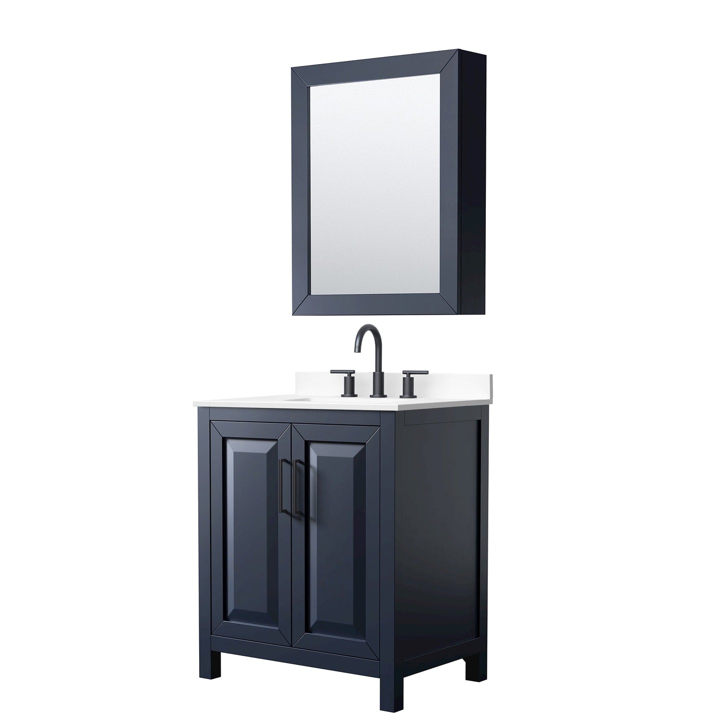 Wyndham Collection Daria 30" Single Bathroom Vanity in Dark Blue, White Cultured Marble Countertop, Undermount Square Sink (3-Hole), Matte Black Trim, Medicine Cabinet