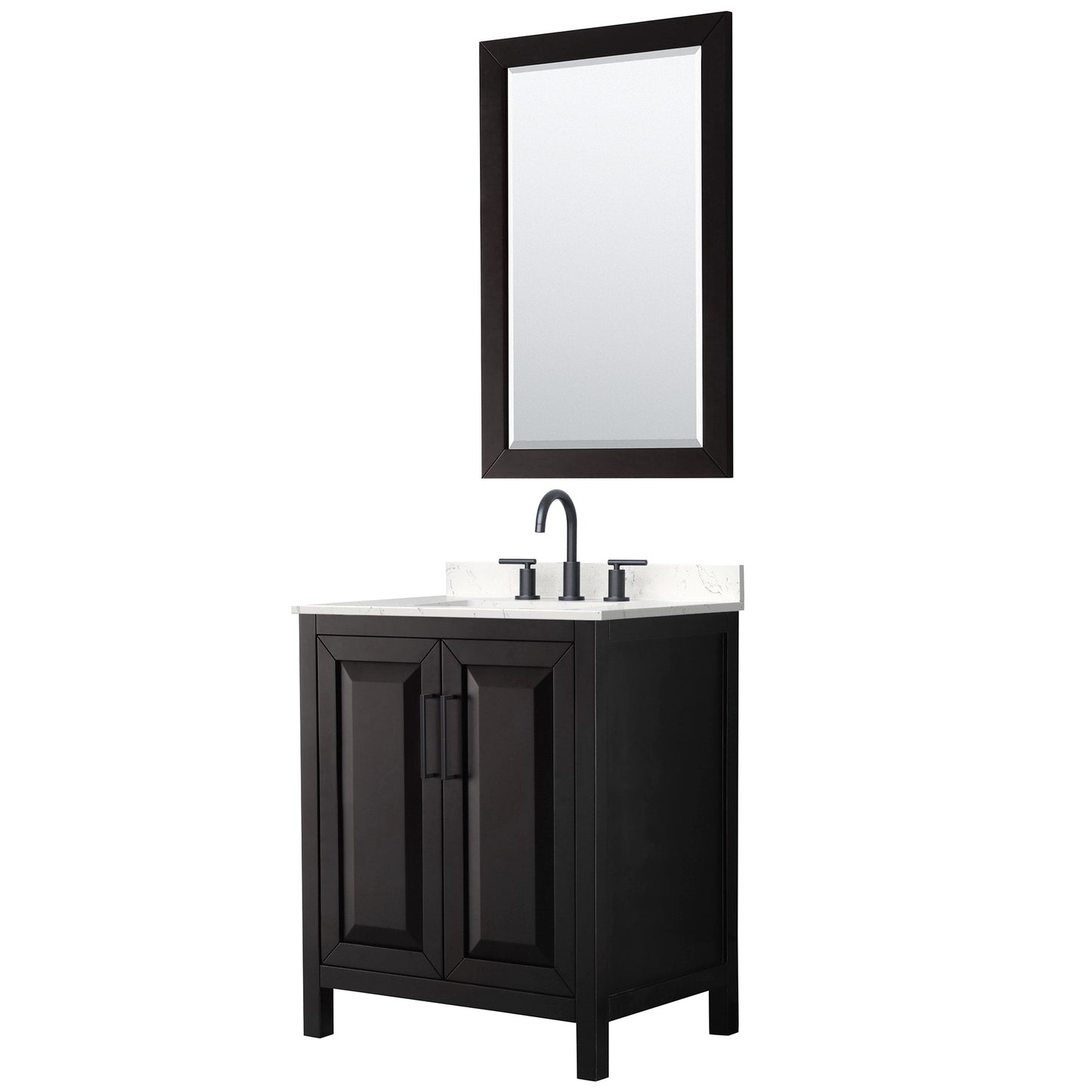 Wyndham Collection Daria 30" Single Bathroom Vanity in Dark Espresso, Carrara Cultured Marble Countertop, Undermount Square Sink (3-Hole), Matte Black Trim, 24" Mirror