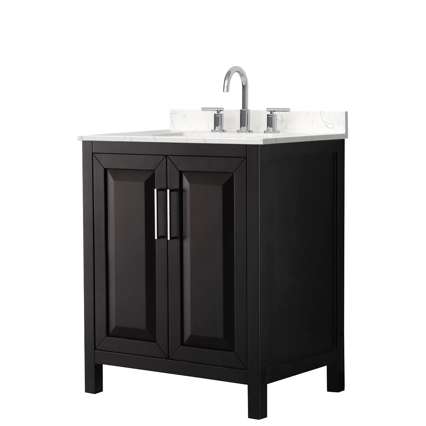 Wyndham Collection Daria 30" Single Bathroom Vanity in Dark Espresso, Carrara Cultured Marble Countertop, Undermount Square Sink (3-Hole), Polished Chrome Trim