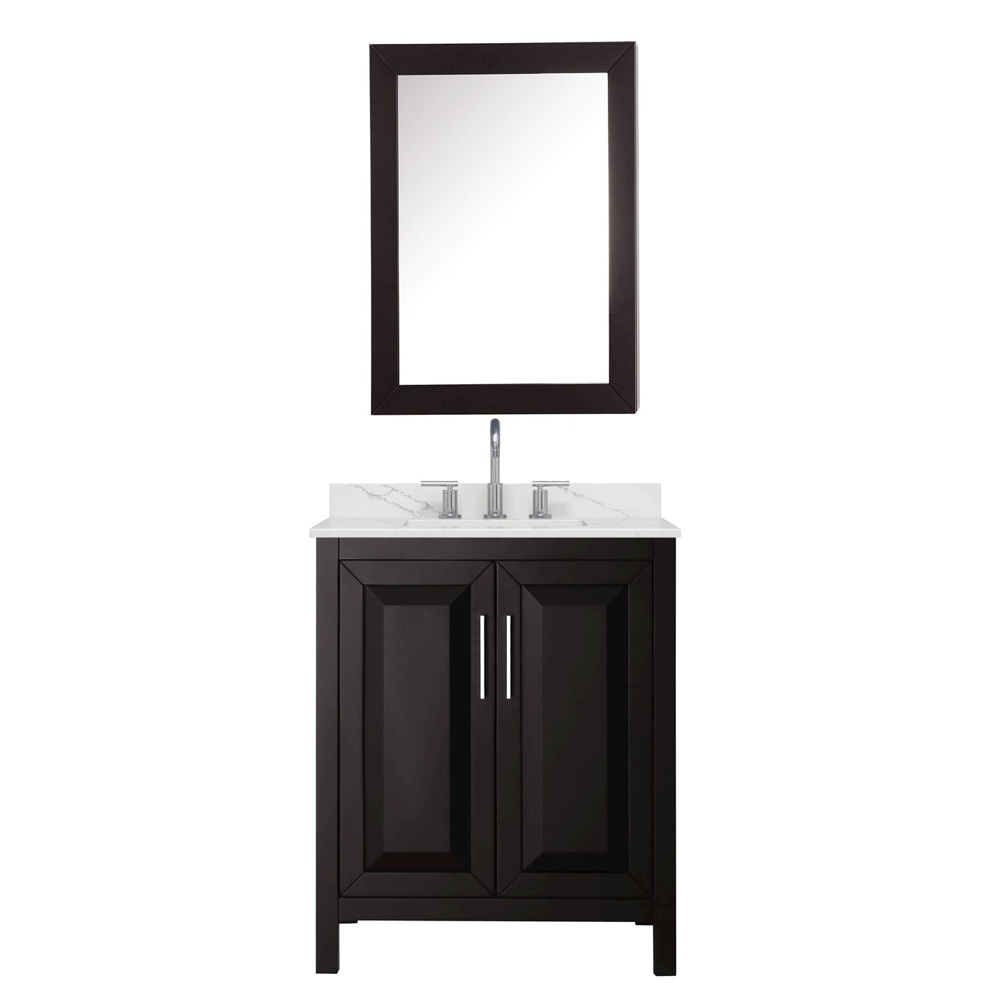 Wyndham Collection Daria 30" Single Bathroom Vanity in Dark Espresso, Giotto Quartz Countertop, Undermount Square Sink (3-Hole), Polished Chrome Trim, Medicine Cabinet