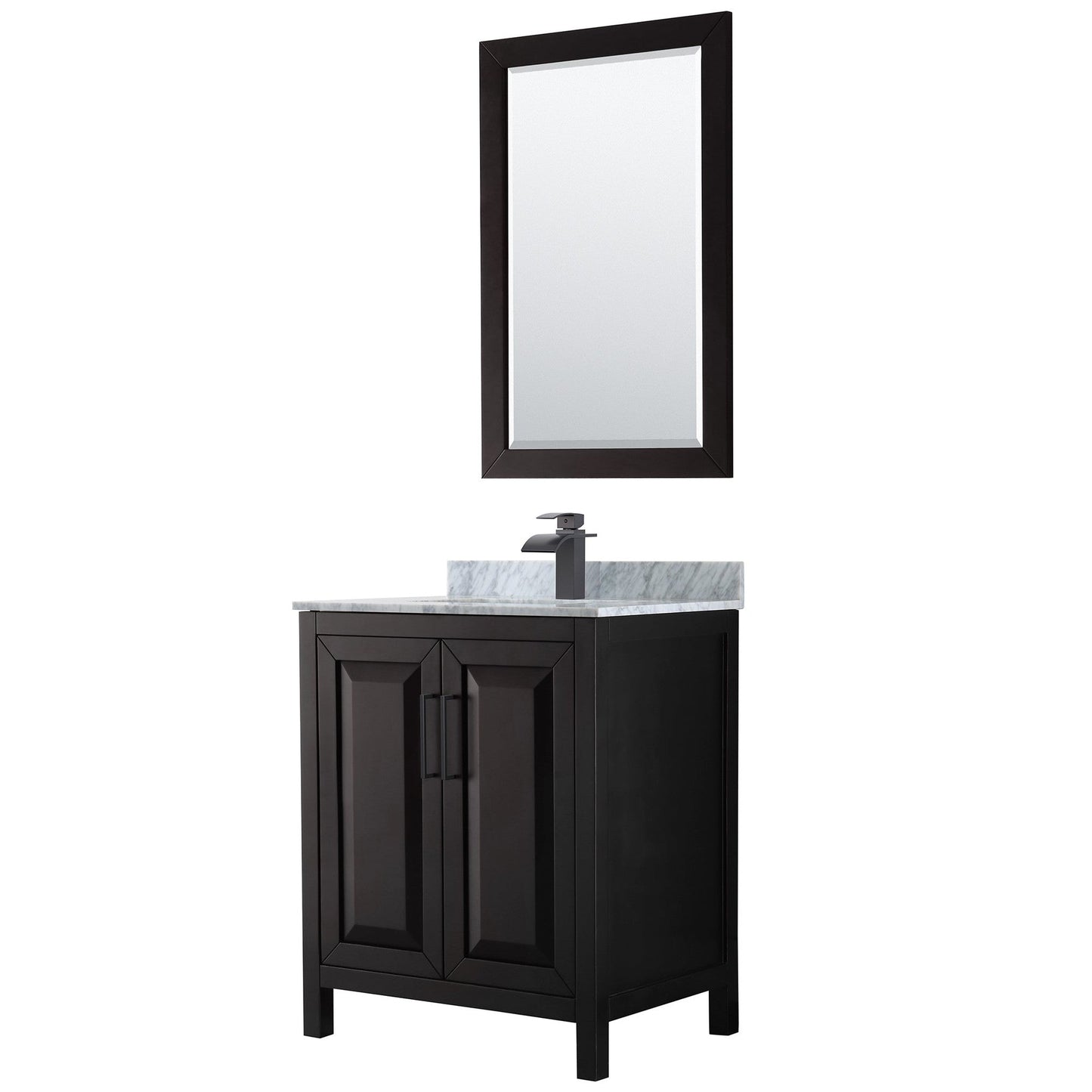Wyndham Collection Daria 30" Single Bathroom Vanity in Dark Espresso, White Carrara Marble Countertop, Undermount Square Sink, Matte Black Trim, 24" Mirror