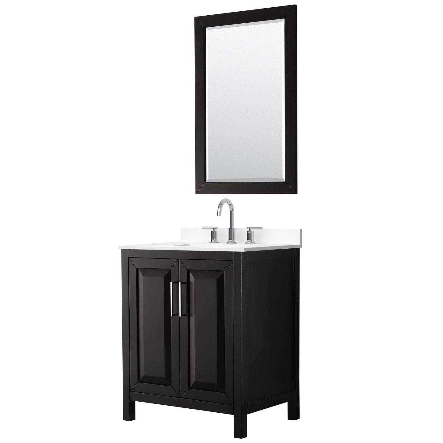 Wyndham Collection Daria 30" Single Bathroom Vanity in Dark Espresso, White Cultured Marble Countertop, Undermount Square Sink (3-Hole), Polished Chrome Trim, 24" Mirror