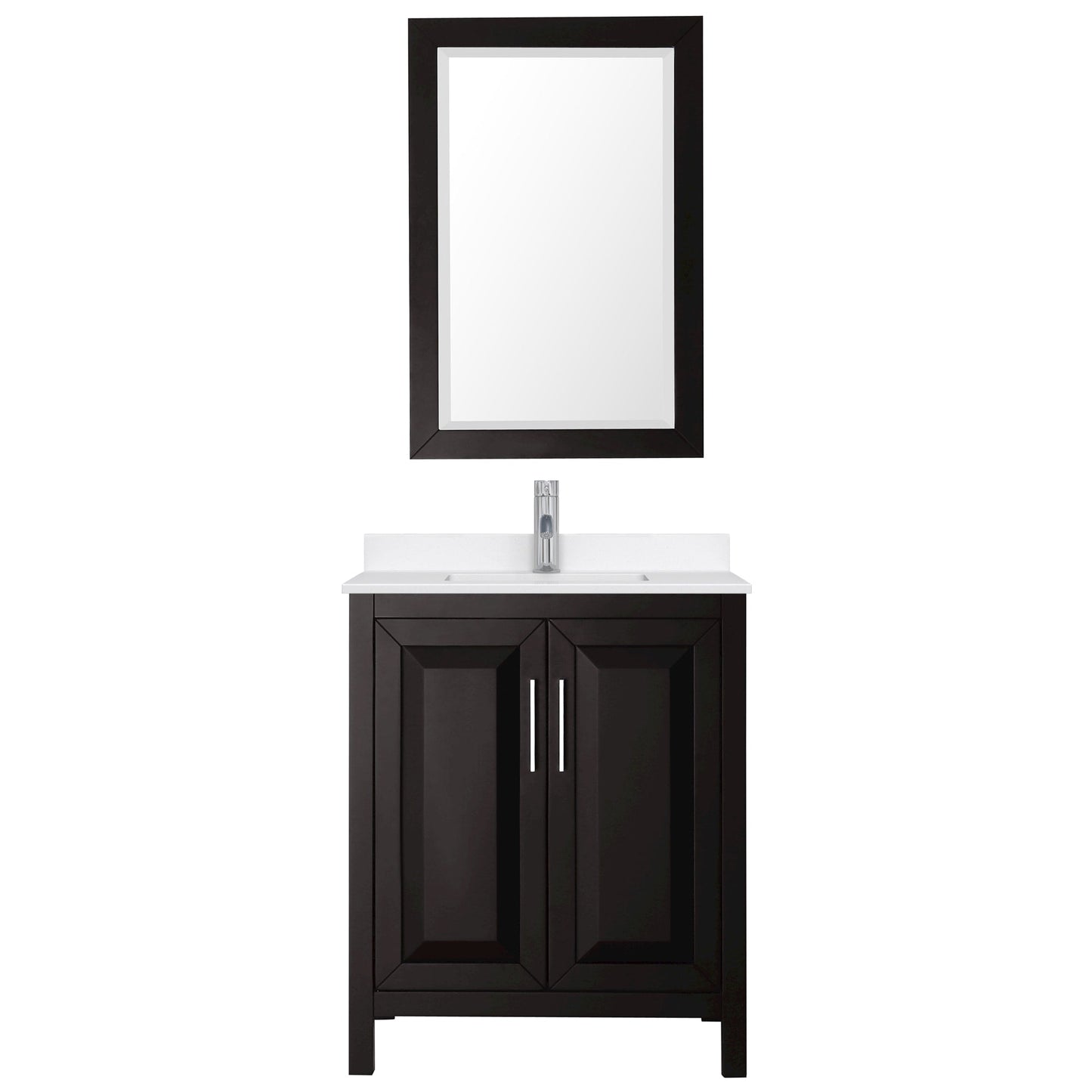 Wyndham Collection Daria 30" Single Bathroom Vanity in Dark Espresso, White Quartz Countertop, Undermount Square Sink (1-Hole), Polished Chrome Trim, 24" Mirror