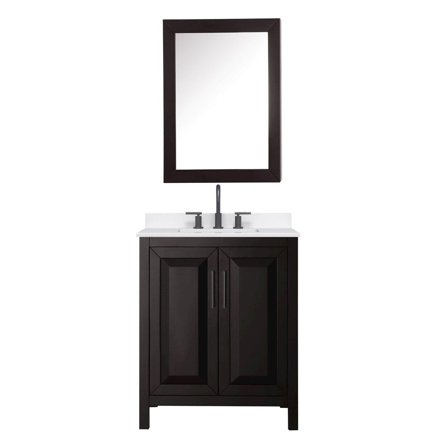 Wyndham Collection Daria 30" Single Bathroom Vanity in Dark Espresso, White Quartz Countertop, Undermount Square Sink (3-Hole), Matte Black Trim, Medicine Cabinet