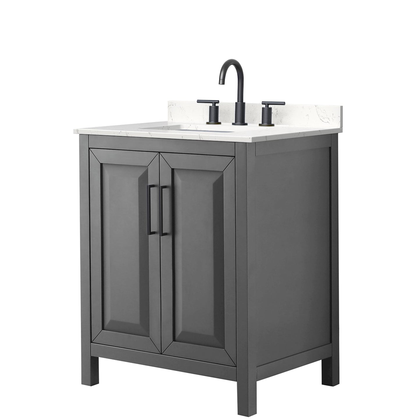 Wyndham Collection Daria 30" Single Bathroom Vanity in Dark Gray, Carrara Cultured Marble Countertop, Undermount Square Sink (3-Hole), Matte Black Trim