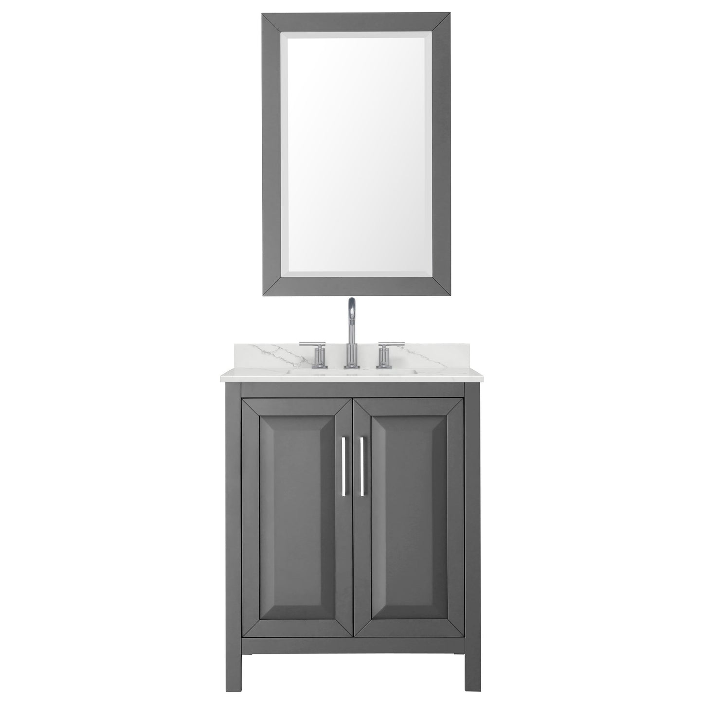 Wyndham Collection Daria 30" Single Bathroom Vanity in Dark Gray, Giotto Quartz Countertop, Undermount Square Sink (3-Hole), Polished Chrome Trim, 24" Mirror