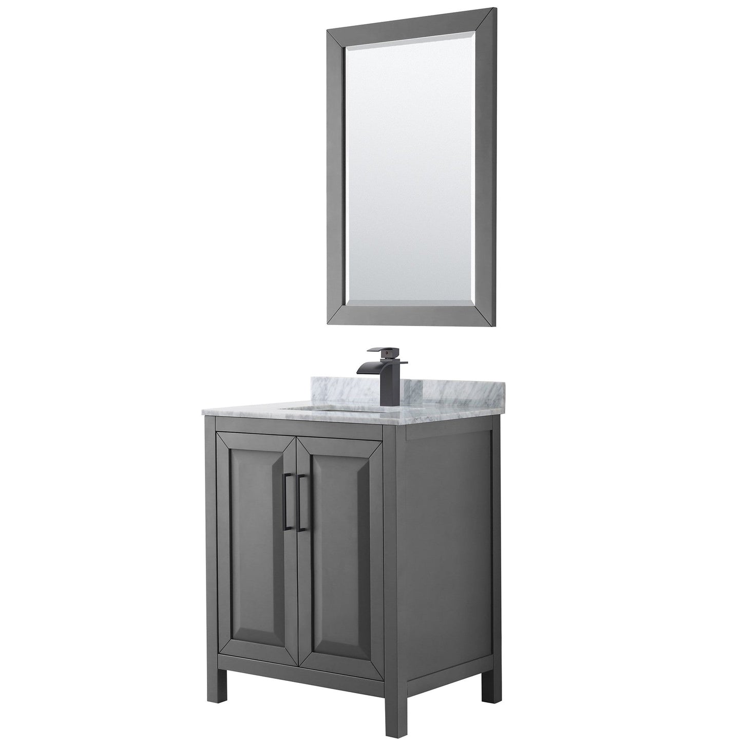 Wyndham Collection Daria 30" Single Bathroom Vanity in Dark Gray, White Carrara Marble Countertop, Undermount Square Sink, Matte Black Trim, 24" Mirror