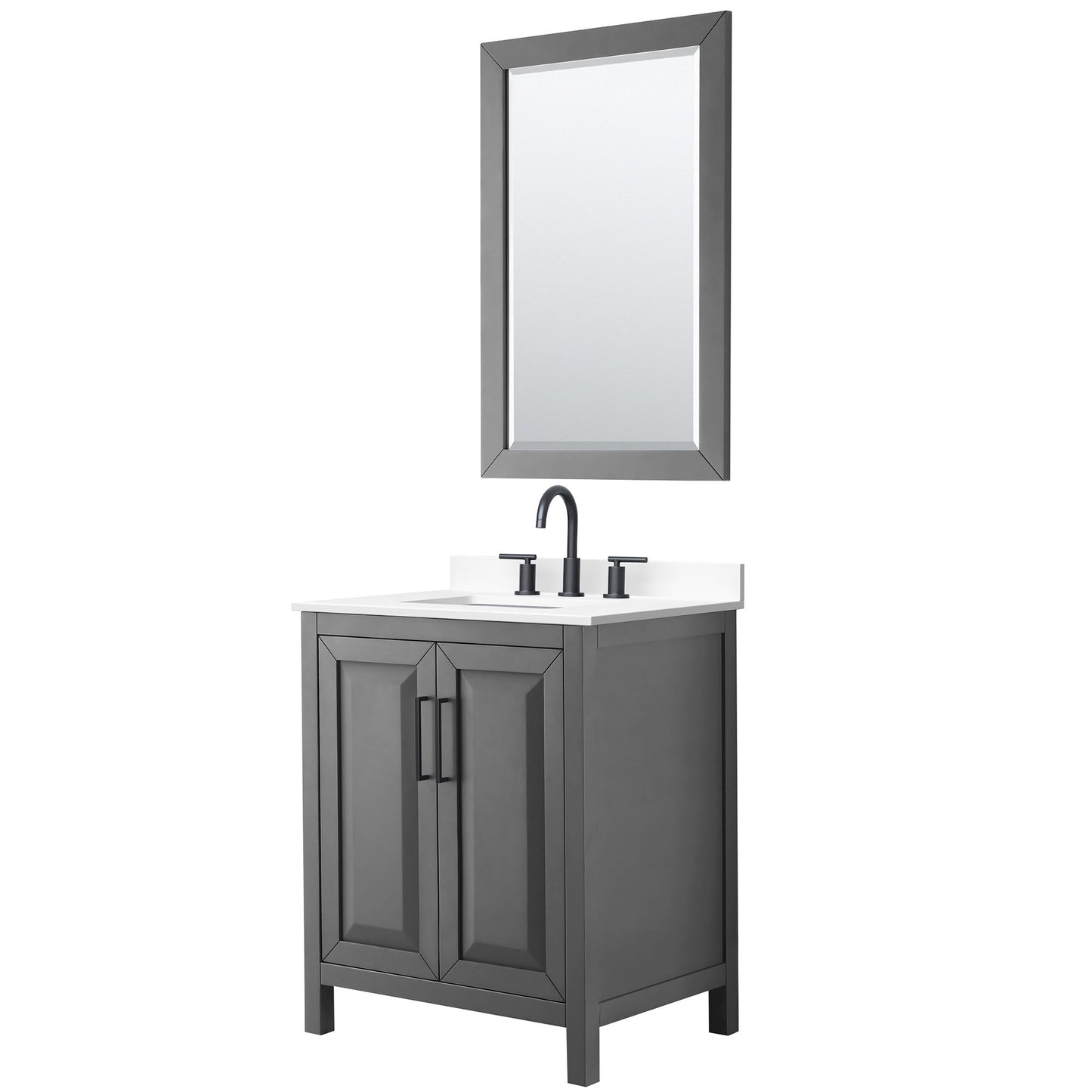 Wyndham Collection Daria 30" Single Bathroom Vanity in Dark Gray, White Cultured Marble Countertop, Undermount Square Sink (3-Hole), Matte Black Trim, 24" Mirror