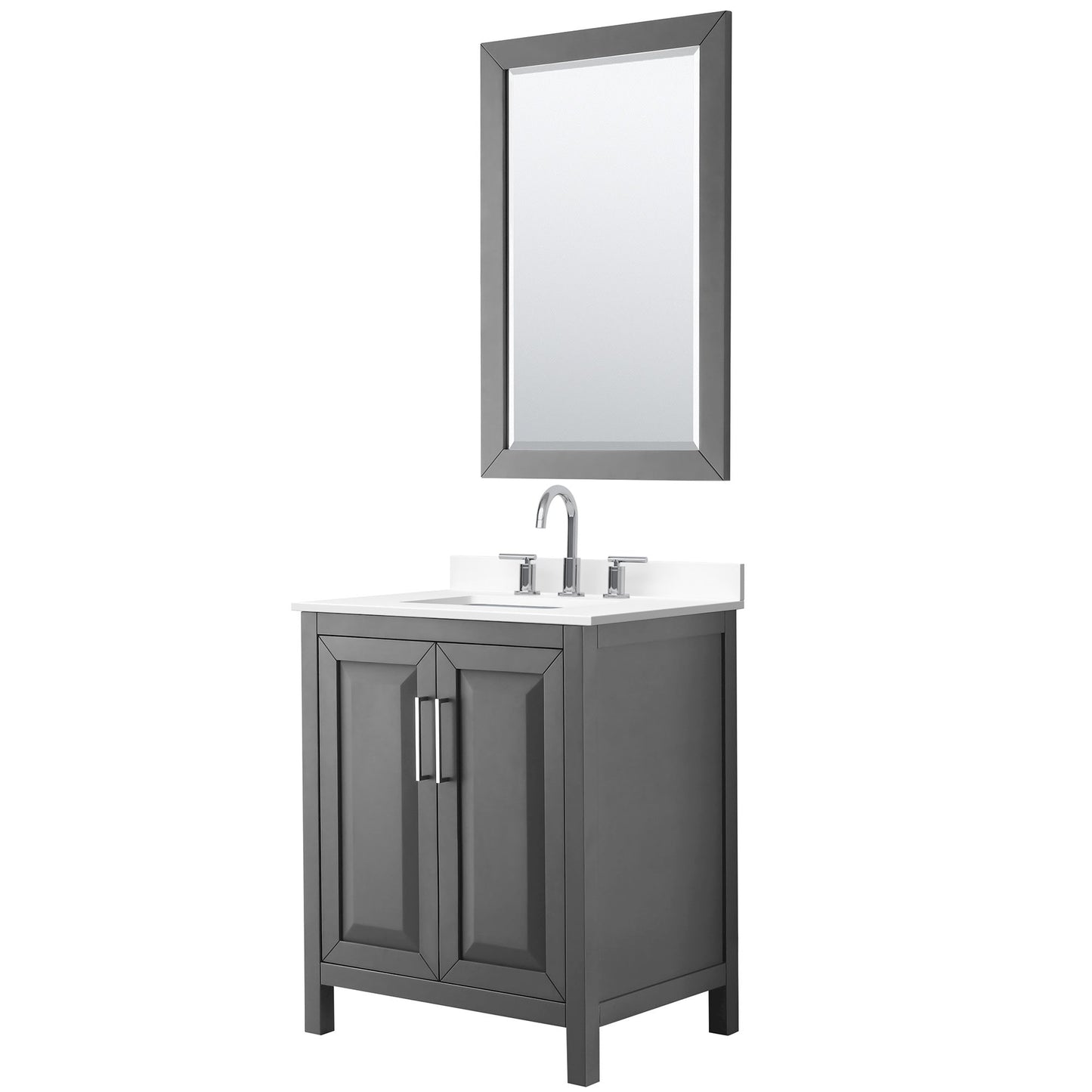 Wyndham Collection Daria 30" Single Bathroom Vanity in Dark Gray, White Cultured Marble Countertop, Undermount Square Sink (3-Hole), Polished Chrome Trim, 24" Mirror