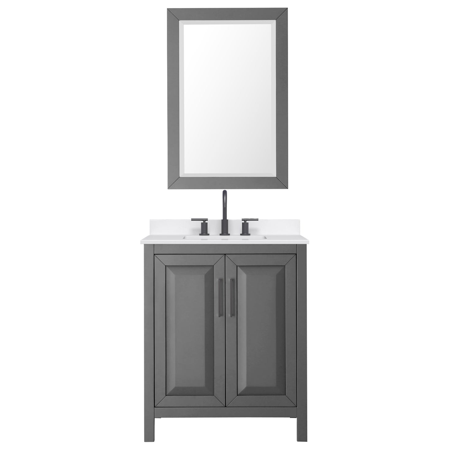 Wyndham Collection Daria 30" Single Bathroom Vanity in Dark Gray, White Quartz Countertop, Undermount Square Sink (3-Hole), Matte Black Trim, 24" Mirror