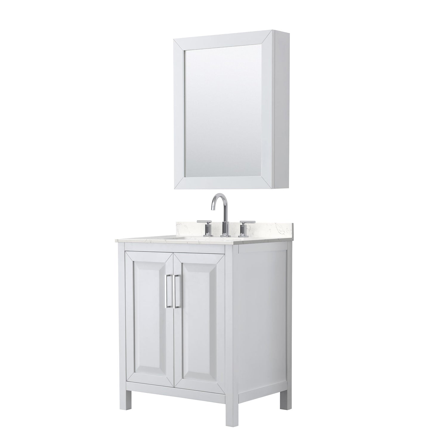 Wyndham Collection Daria 30" Single Bathroom Vanity in White, Carrara Cultured Marble Countertop, Undermount Square Sink (3-Hole), Polished Chrome Trim, Medicine Cabinet