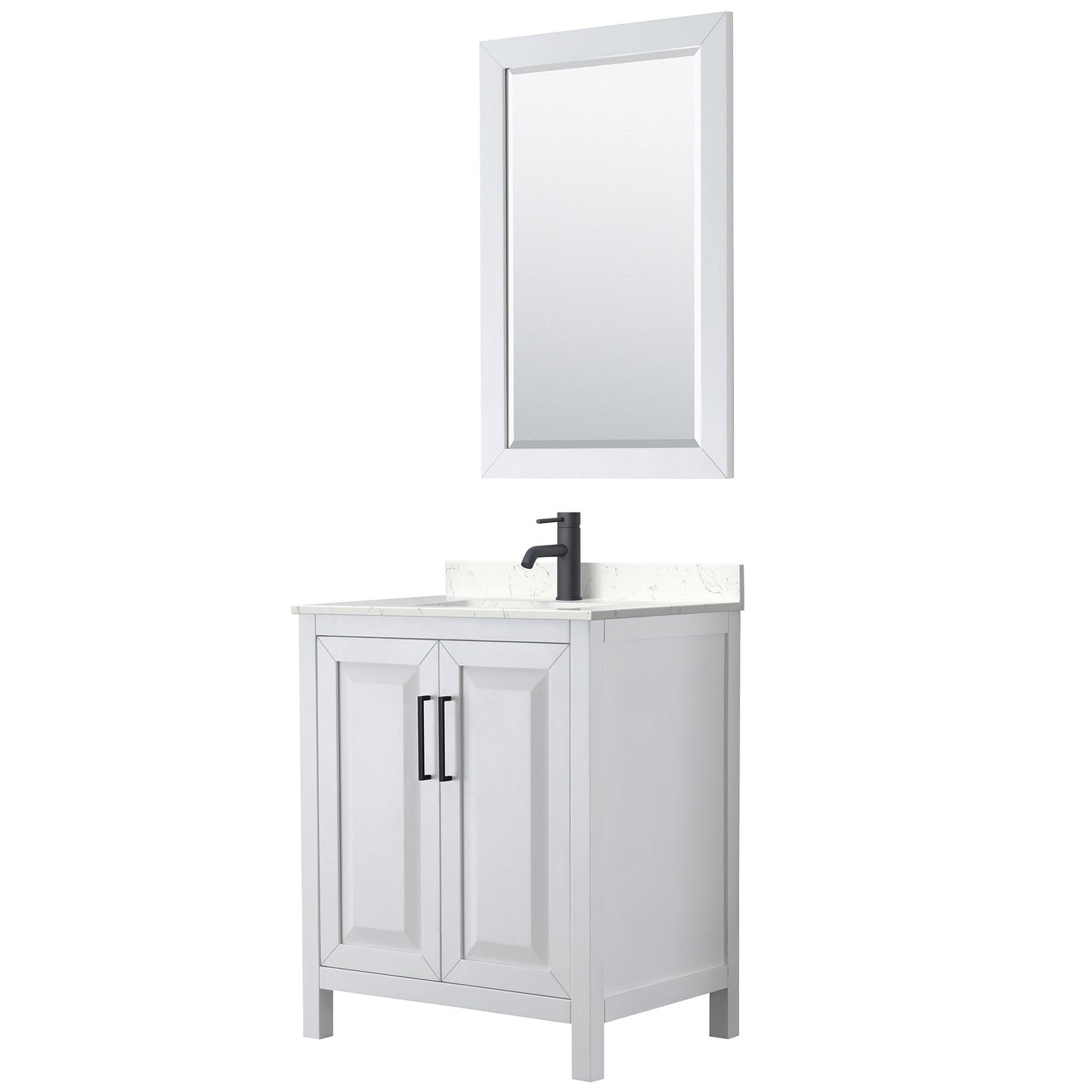 Wyndham Collection Daria 30" Single Bathroom Vanity in White, Carrara Cultured Marble Countertop, Undermount Square Sink, Matte Black Trim, 24" Mirror