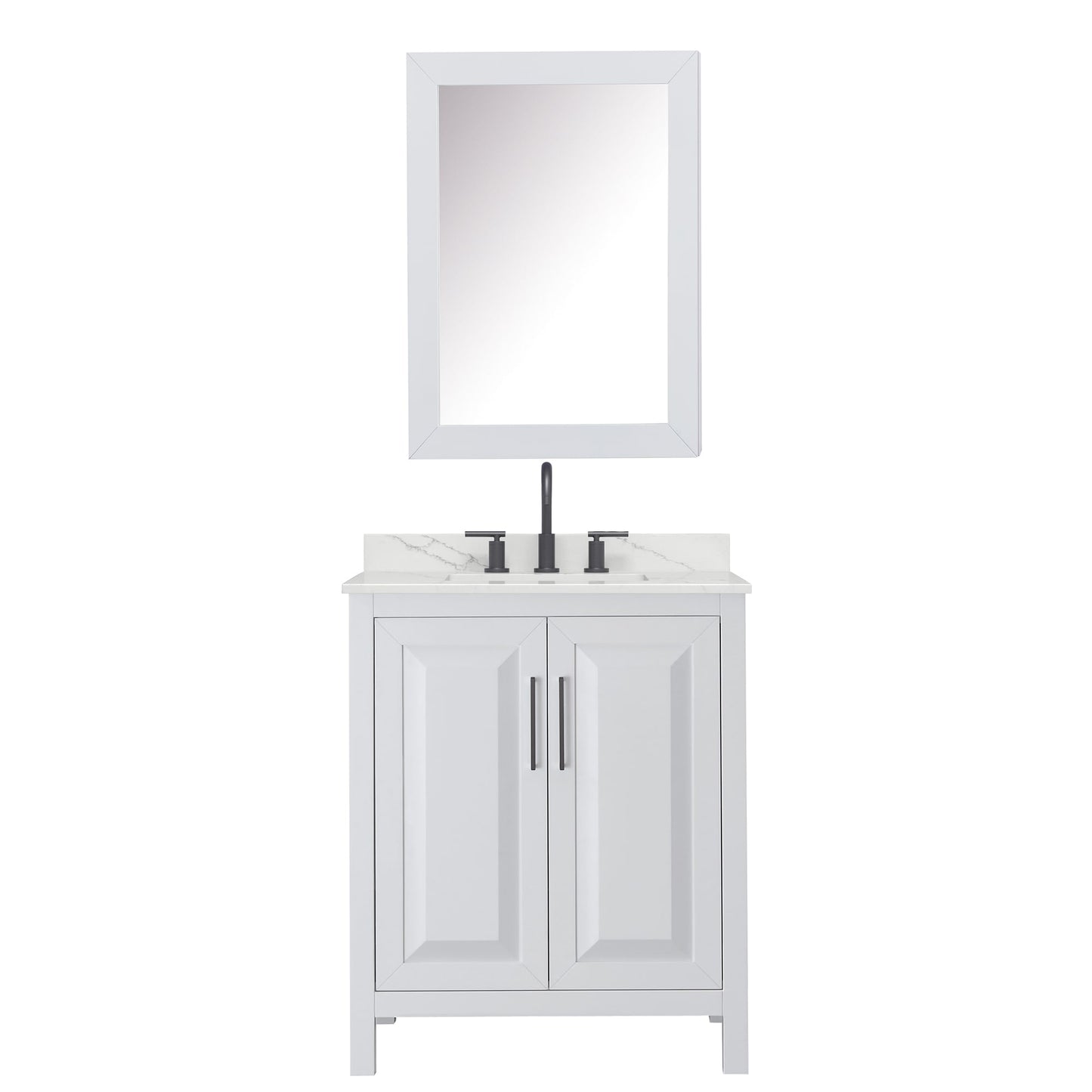 Wyndham Collection Daria 30" Single Bathroom Vanity in White, Giotto Quartz Countertop, Undermount Square Sink (3-Hole), Matte Black Trim, Medicine Cabinet