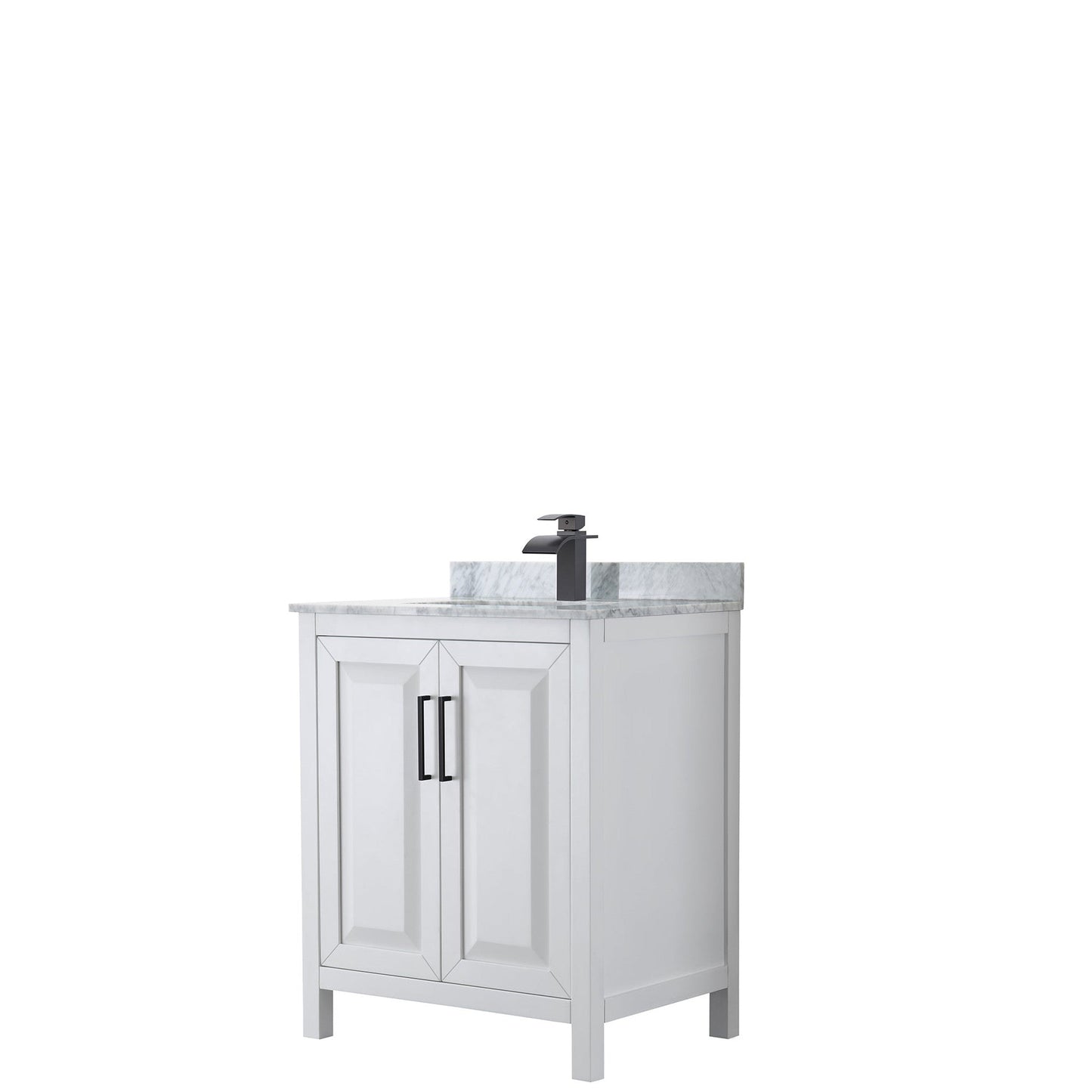 Wyndham Collection Daria 30" Single Bathroom Vanity in White, White Carrara Marble Countertop, Undermount Square Sink, Matte Black Trim