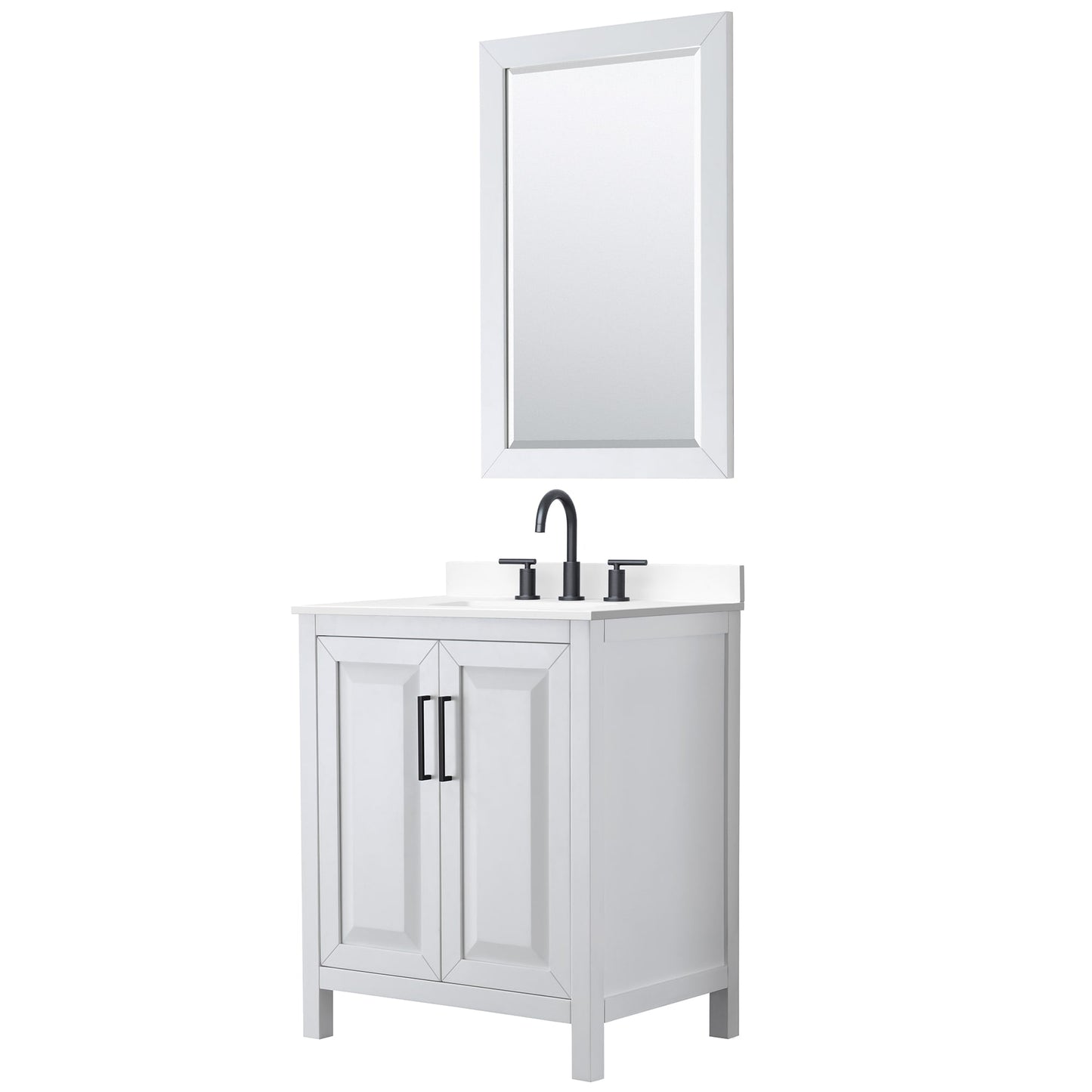 Wyndham Collection Daria 30" Single Bathroom Vanity in White, White Cultured Marble Countertop, Undermount Square Sink (3-Hole), Matte Black Trim, 24" Mirror