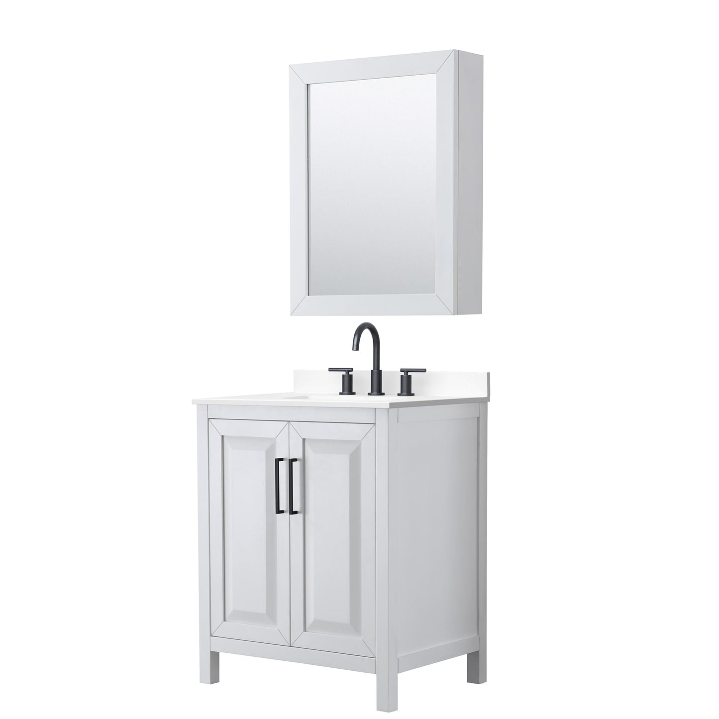 Wyndham Collection Daria 30" Single Bathroom Vanity in White, White Cultured Marble Countertop, Undermount Square Sink (3-Hole), Matte Black Trim, Medicine Cabinet