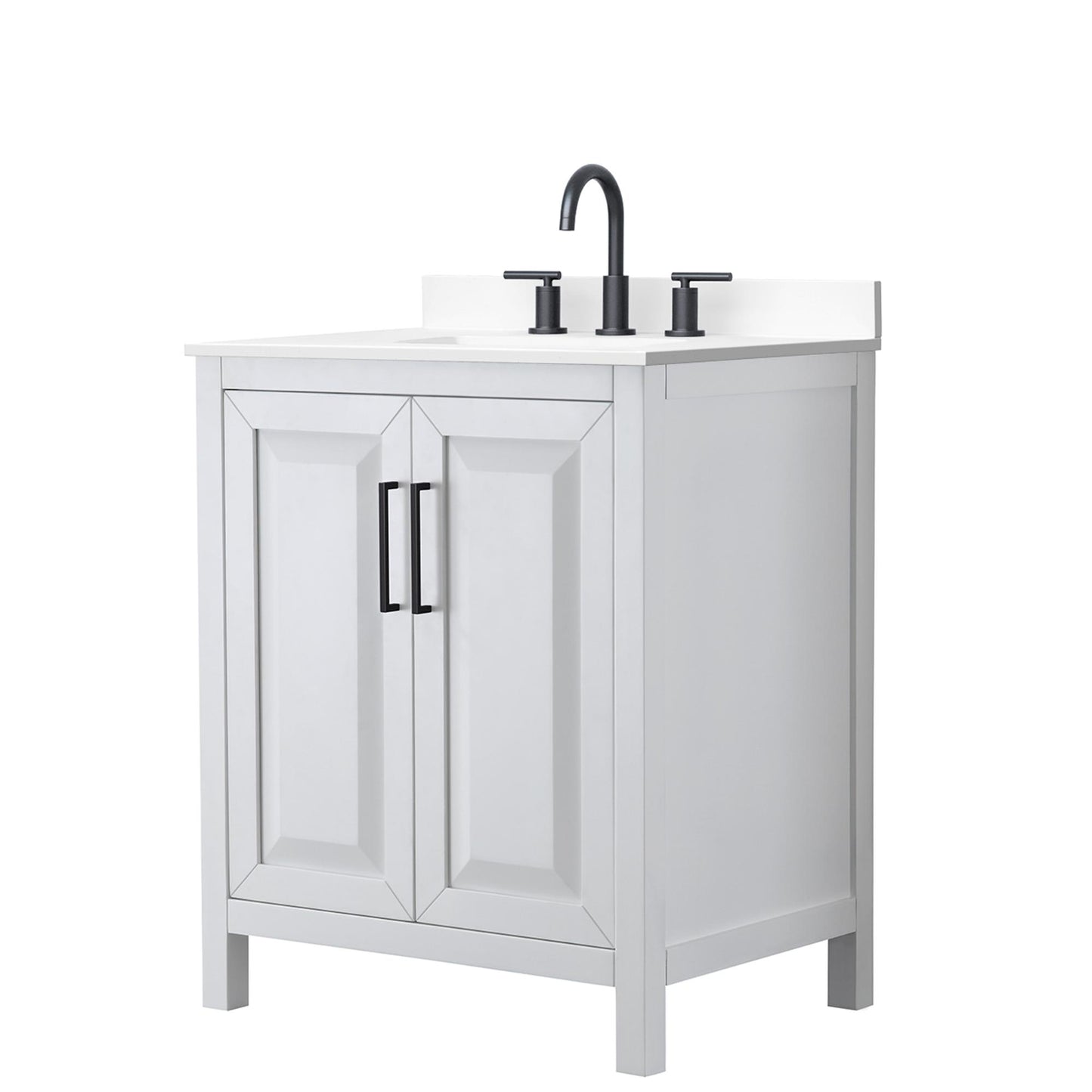 Wyndham Collection Daria 30" Single Bathroom Vanity in White, White Cultured Marble Countertop, Undermount Square Sink (3-Hole), Matte Black Trim