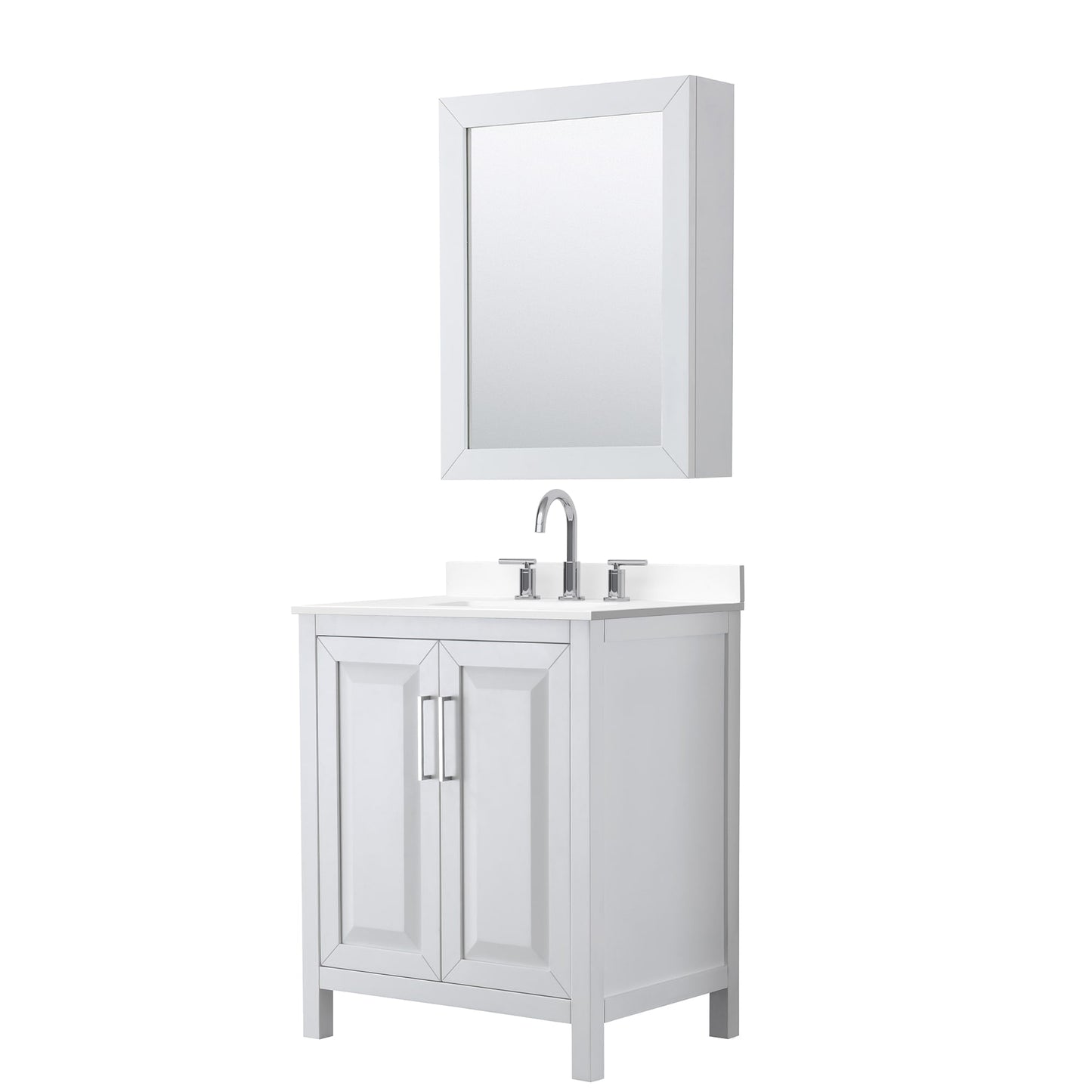 Wyndham Collection Daria 30" Single Bathroom Vanity in White, White Cultured Marble Countertop, Undermount Square Sink (3-Hole), Polished Chrome Trim, Medicine Cabinet