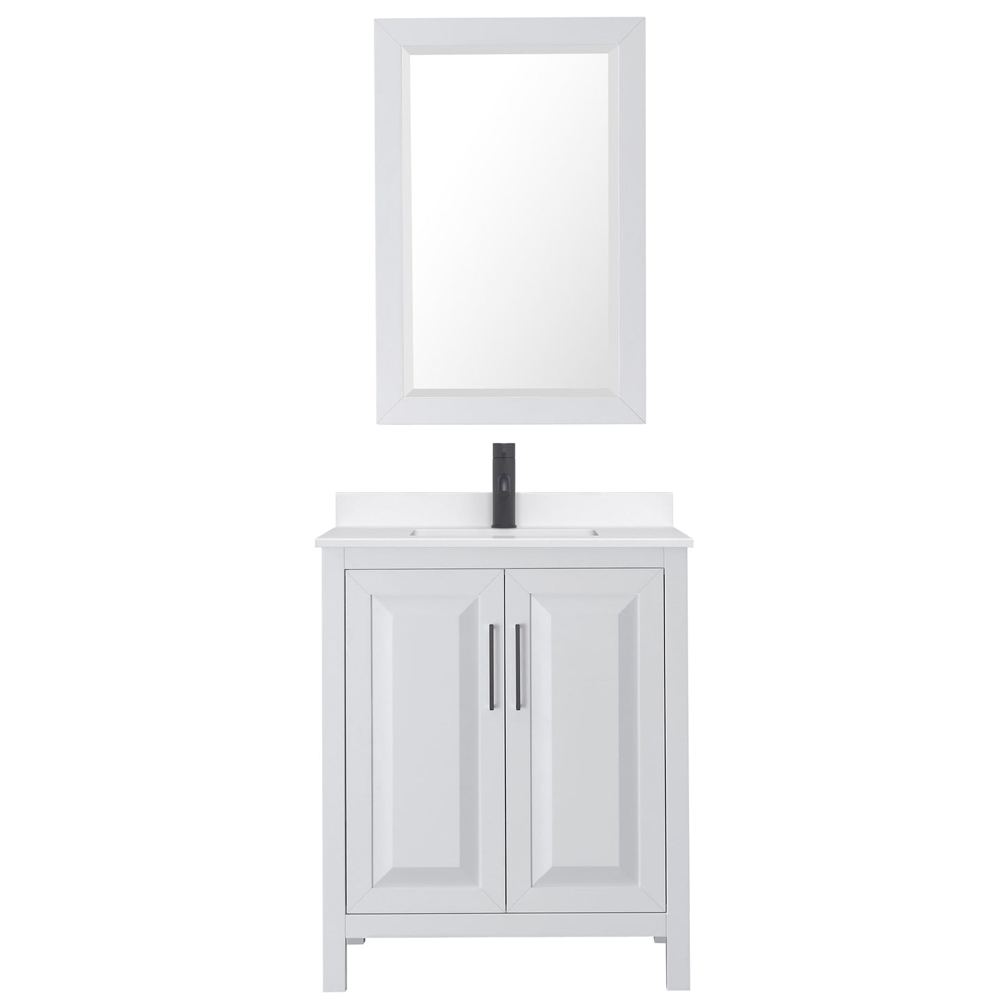 Wyndham Collection Daria 30" Single Bathroom Vanity in White, White Quartz Countertop, Undermount Square Sink (1-Hole), Matte Black Trim, 24" Mirror