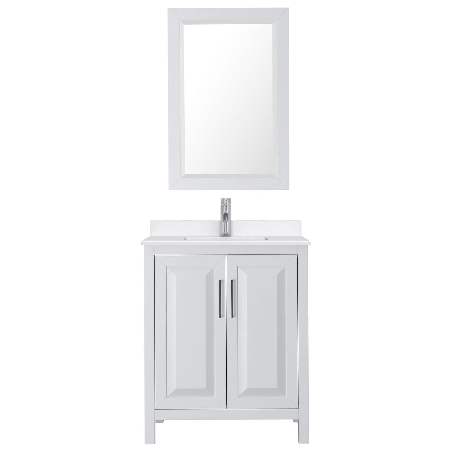 Wyndham Collection Daria 30" Single Bathroom Vanity in White, White Quartz Countertop, Undermount Square Sink (1-Hole), Polished Chrome Trim, 24" Mirror