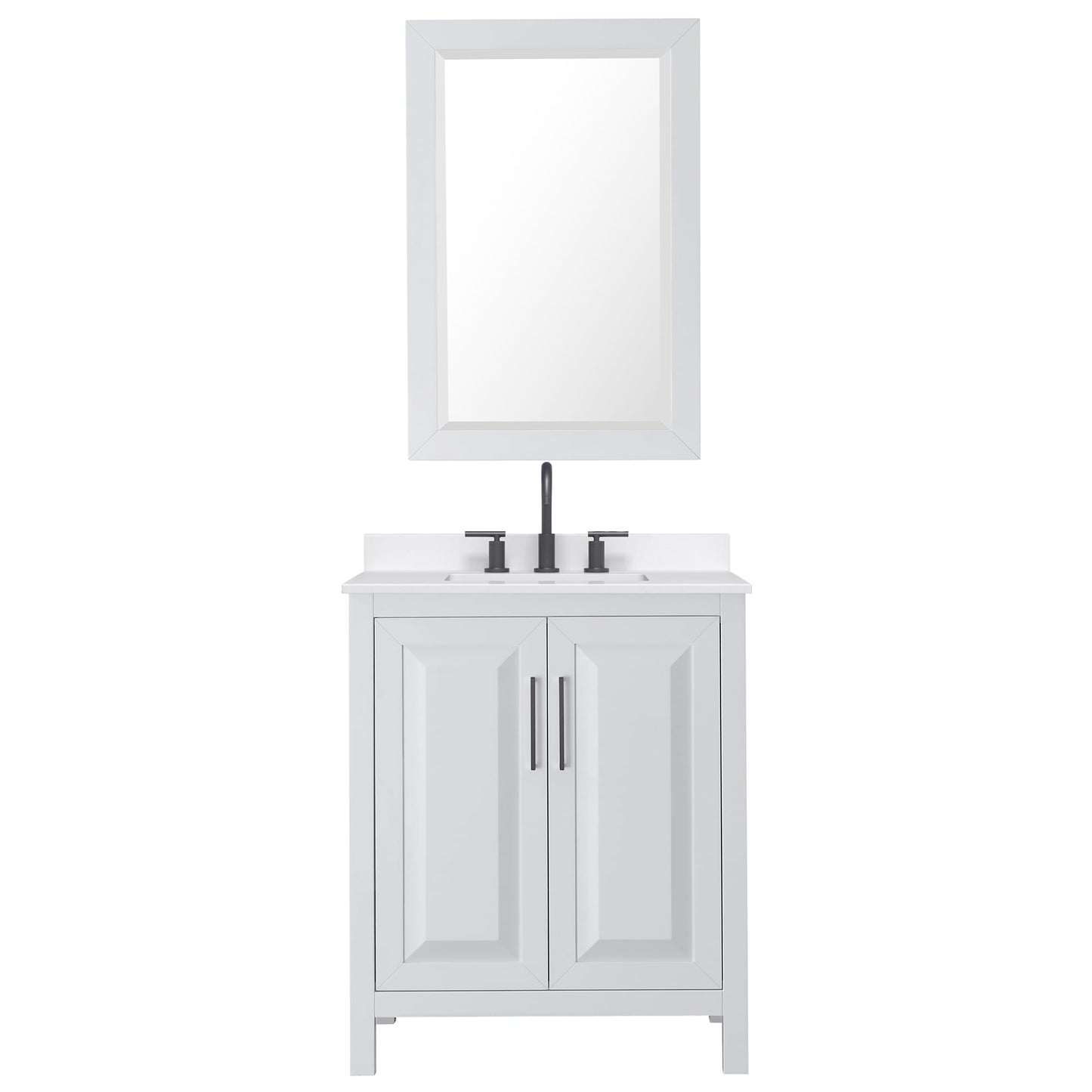 Wyndham Collection Daria 30" Single Bathroom Vanity in White, White Quartz Countertop, Undermount Square Sink (3-Hole), Matte Black Trim, 24" Mirror