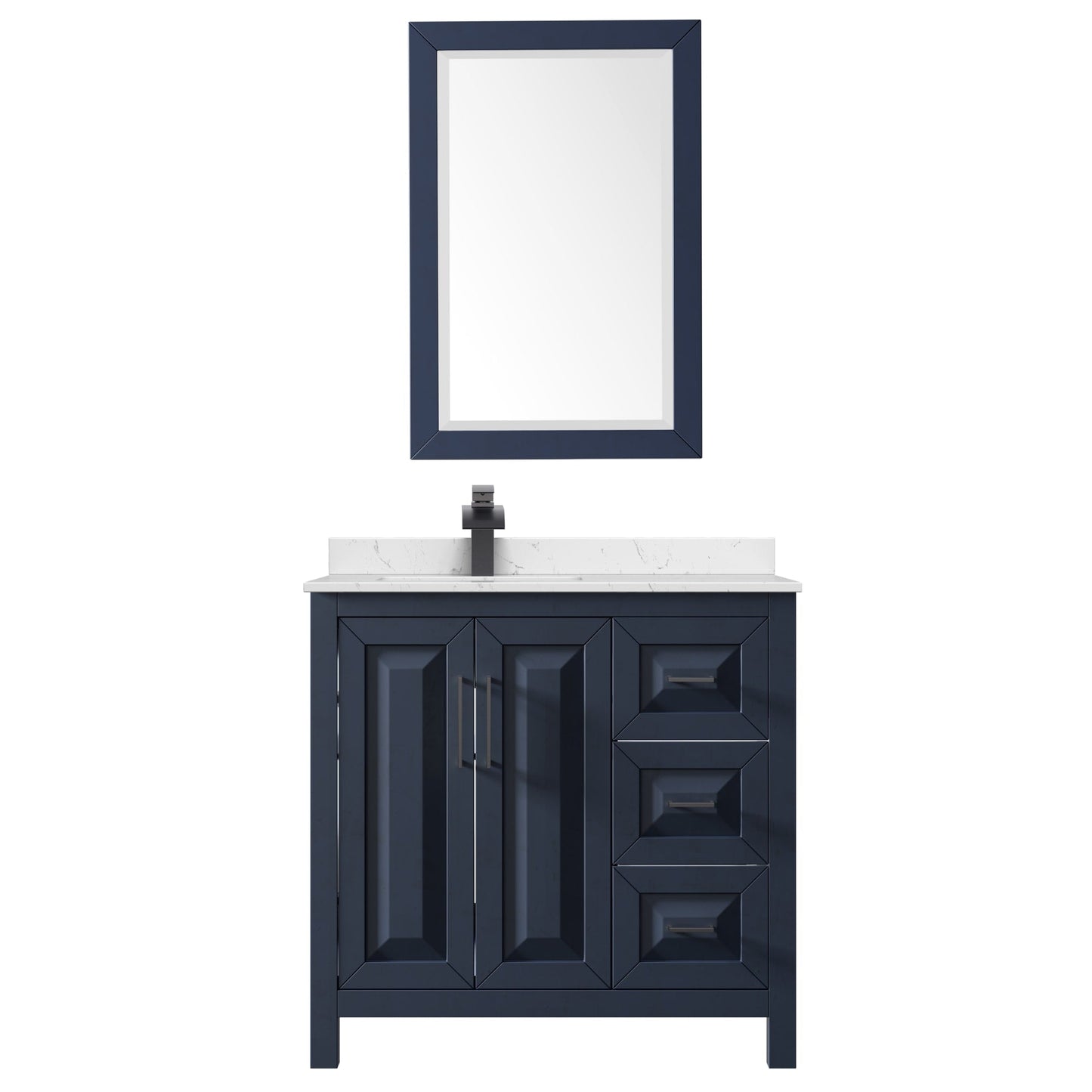 Wyndham Collection Daria 36" Single Bathroom Vanity in Dark Blue, Carrara Cultured Marble Countertop, Undermount Square Sink (1-Hole), Matte Black Trim, 24" Mirror