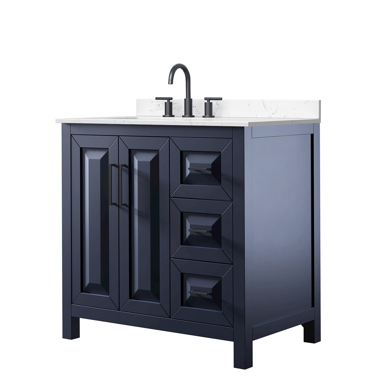 Wyndham Collection Daria 36" Single Bathroom Vanity in Dark Blue, Carrara Cultured Marble Countertop, Undermount Square Sink (3-Hole), Matte Black Trim
