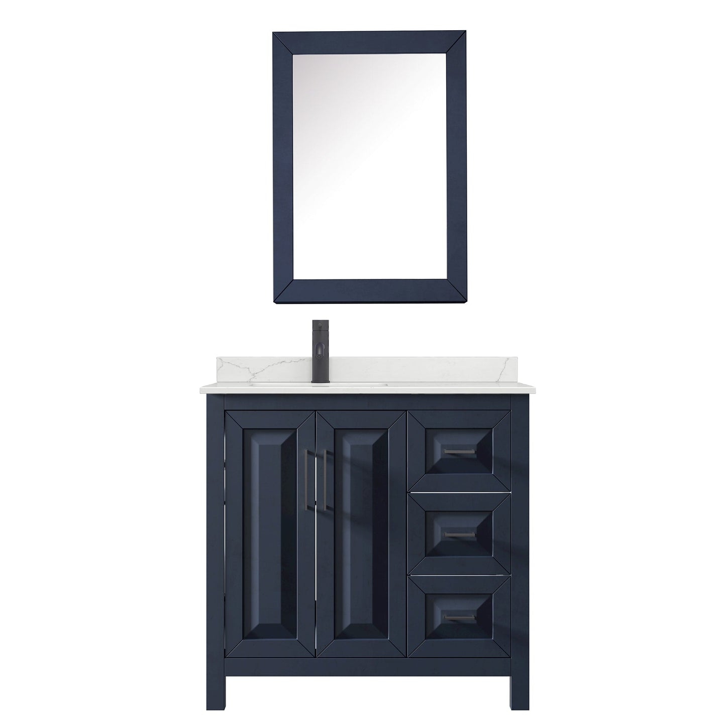 Wyndham Collection Daria 36" Single Bathroom Vanity in Dark Blue, Giotto Quartz Countertop, Undermount Square Sink (1-Hole), Matte Black Trim, Medicine Cabinet