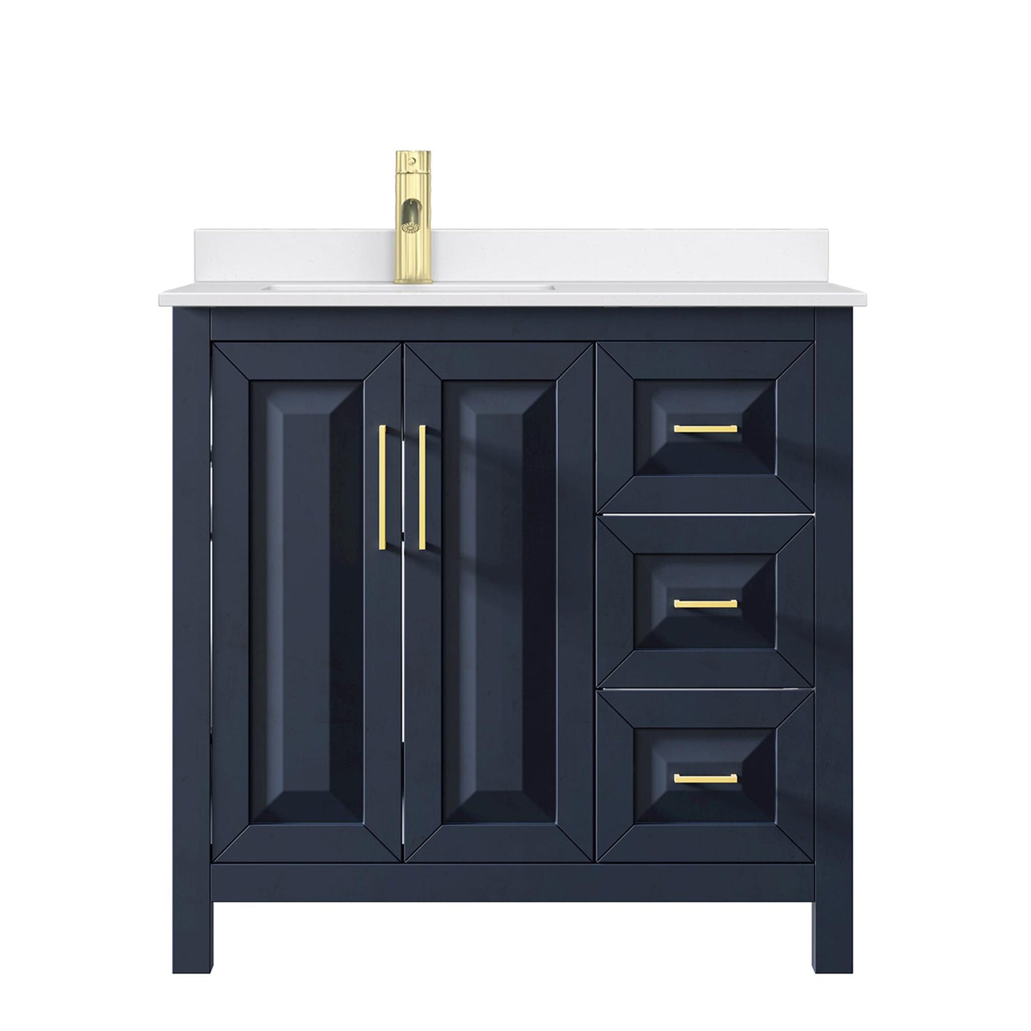 Wyndham Collection Daria 36" Single Bathroom Vanity in Dark Blue, White Quartz Countertop, Undermount Square Sink (1-Hole), Brushed Gold Trim