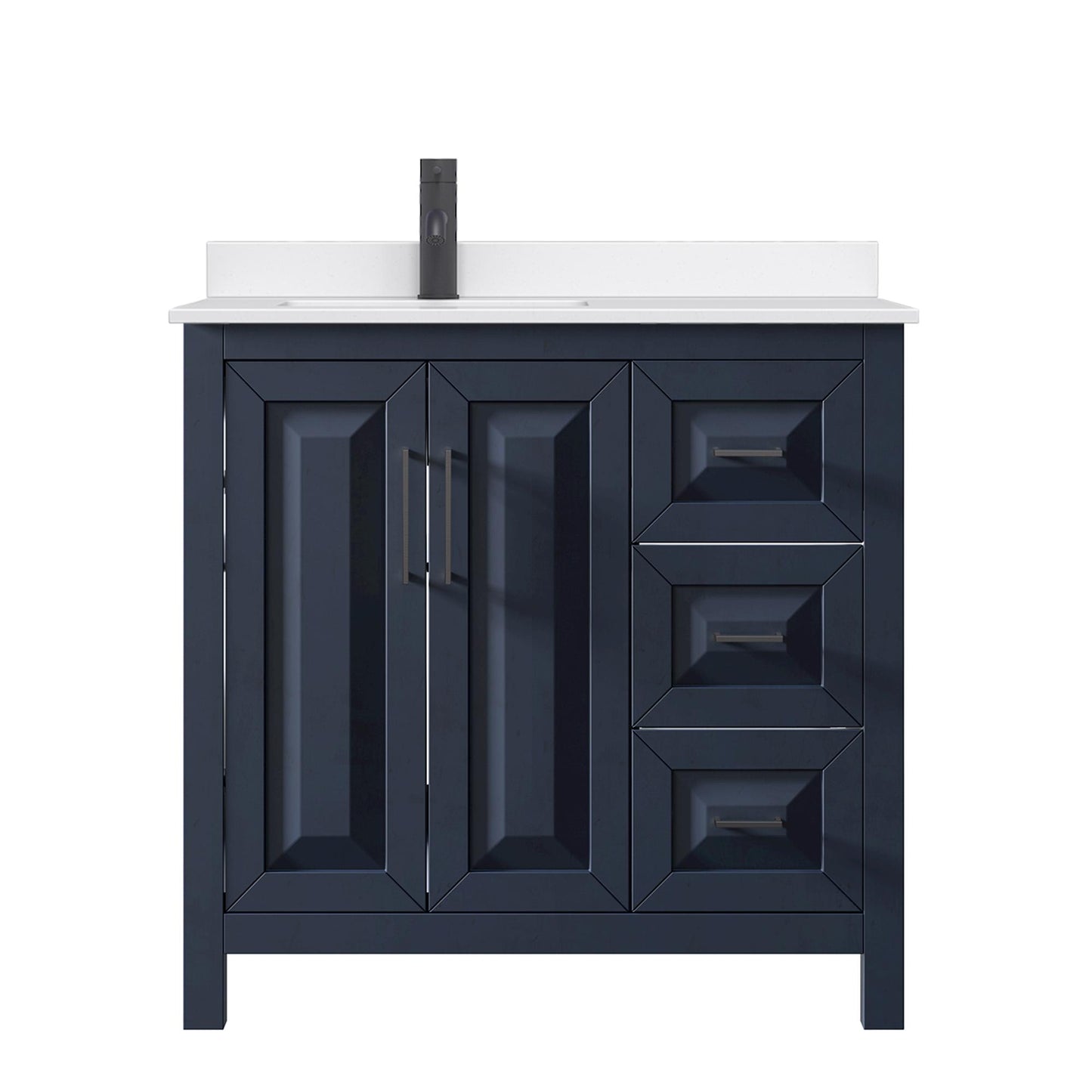 Wyndham Collection Daria 36" Single Bathroom Vanity in Dark Blue, White Quartz Countertop, Undermount Square Sink (1-Hole), Matte Black Trim