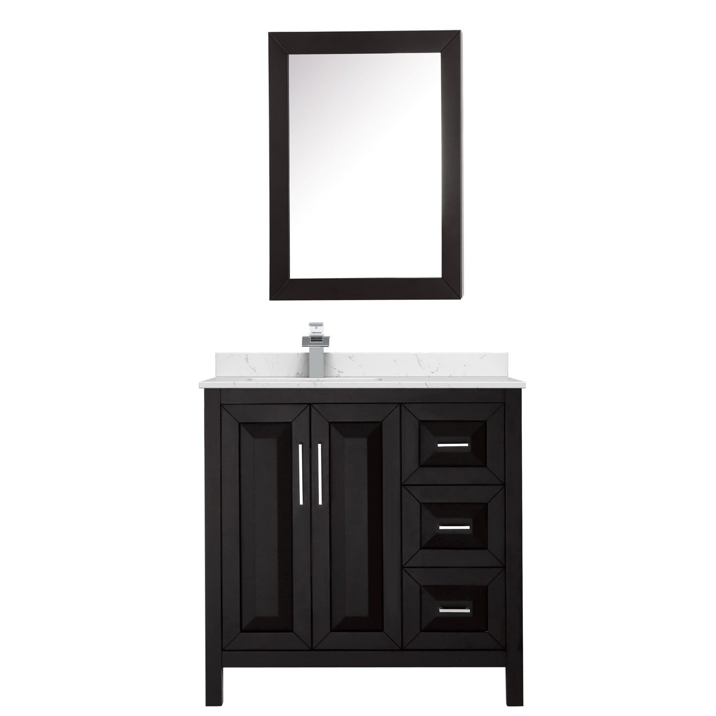 Wyndham Collection Daria 36" Single Bathroom Vanity in Dark Espresso, Carrara Cultured Marble Countertop, Undermount Square Sink (1-Hole), Polished Chrome Trim, Medicine Cabinet