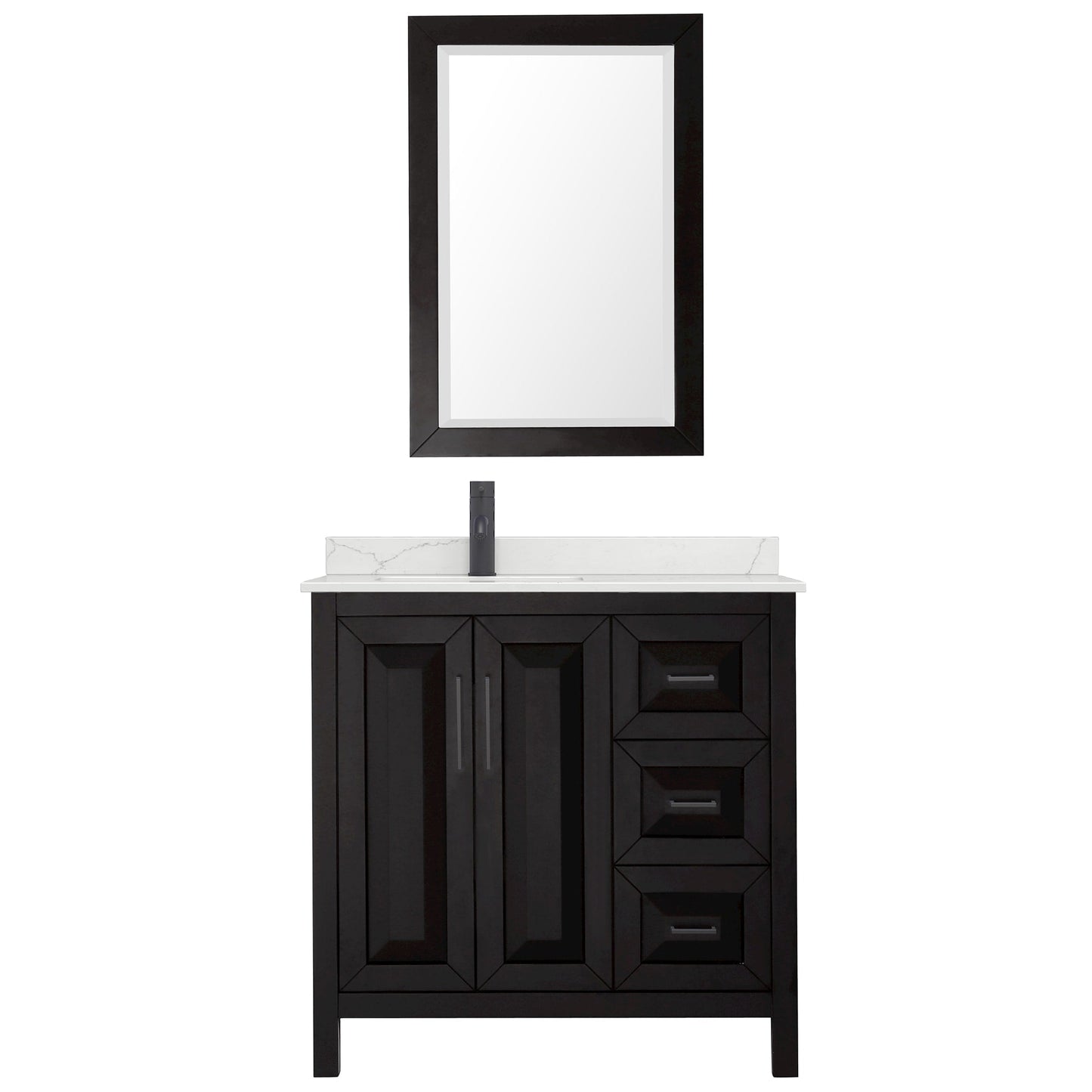 Wyndham Collection Daria 36" Single Bathroom Vanity in Dark Espresso, Giotto Quartz Countertop, Undermount Square Sink (1-Hole), Matte Black Trim, 24" Mirror