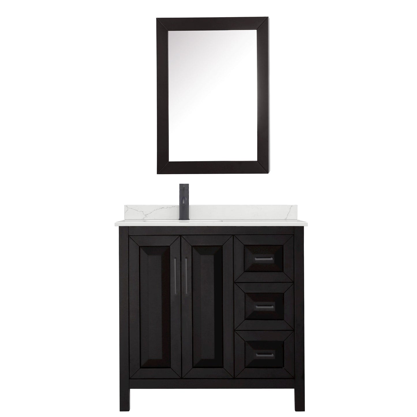 Wyndham Collection Daria 36" Single Bathroom Vanity in Dark Espresso, Giotto Quartz Countertop, Undermount Square Sink (1-Hole), Matte Black Trim, Medicine Cabinet