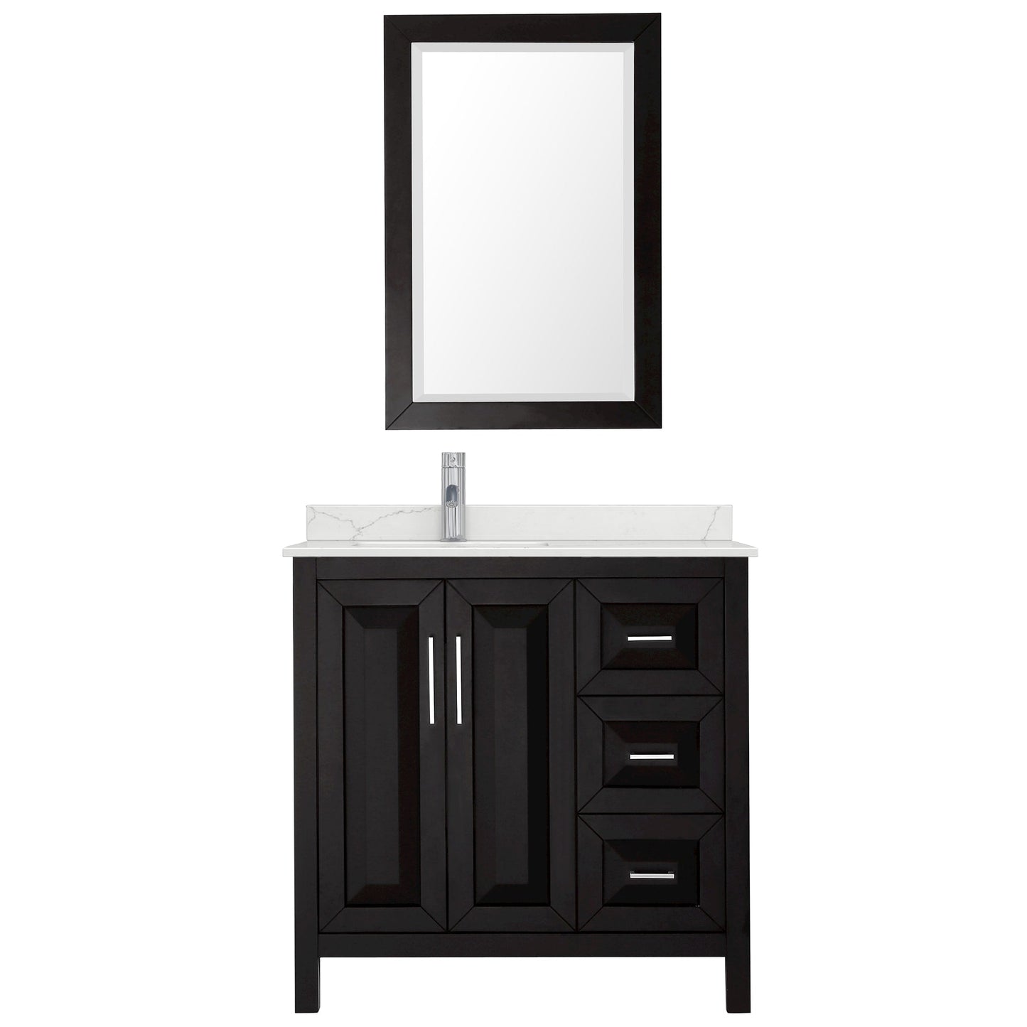 Wyndham Collection Daria 36" Single Bathroom Vanity in Dark Espresso, Giotto Quartz Countertop, Undermount Square Sink (1-Hole), Polished Chrome Trim, 24" Mirror