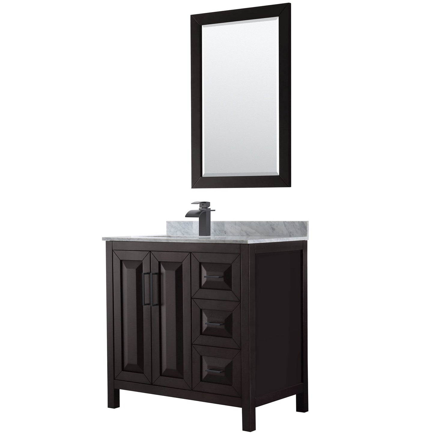 Wyndham Collection Daria 36" Single Bathroom Vanity in Dark Espresso, White Carrara Marble Countertop, Undermount Square Sink, Matte Black Trim, 24" Mirror
