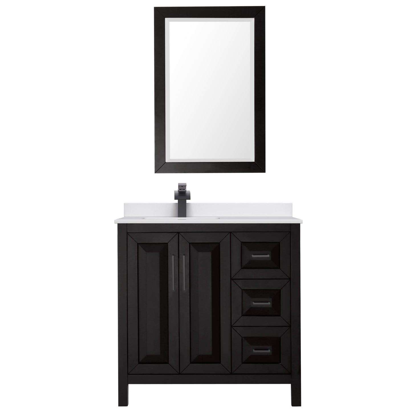 Wyndham Collection Daria 36" Single Bathroom Vanity in Dark Espresso, White Cultured Marble Countertop, Undermount Square Sink (1-Hole), Matte Black Trim, 24" Mirror