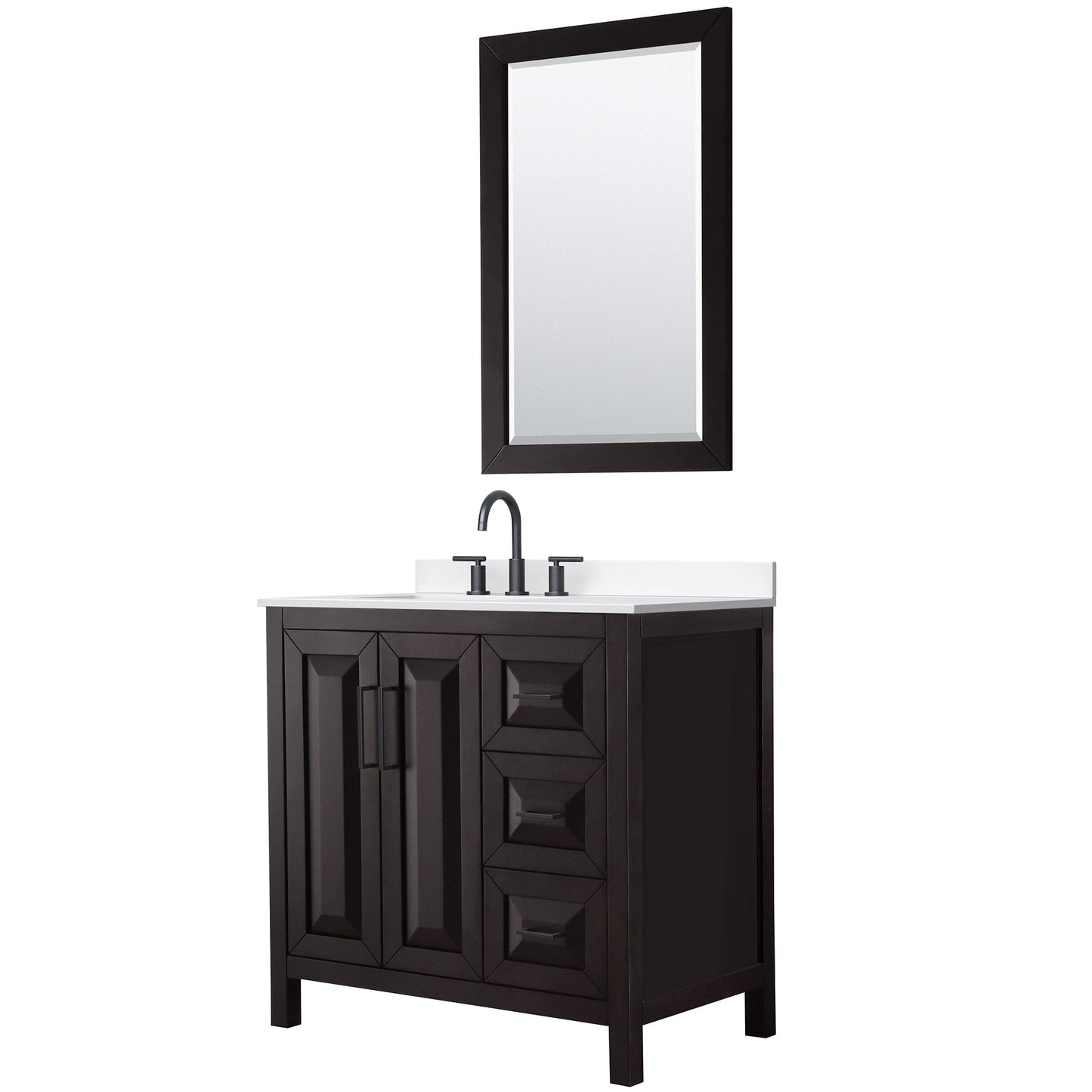 Wyndham Collection Daria 36" Single Bathroom Vanity in Dark Espresso, White Cultured Marble Countertop, Undermount Square Sink (3-Hole), Matte Black Trim, 24" Mirror