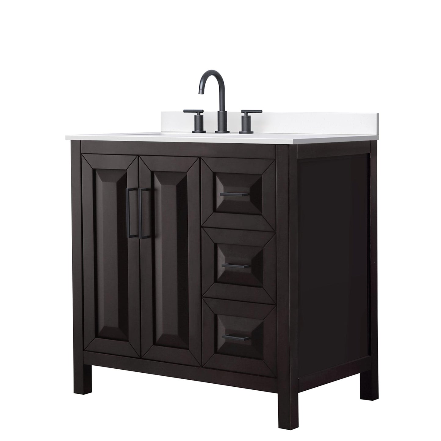 Wyndham Collection Daria 36" Single Bathroom Vanity in Dark Espresso, White Cultured Marble Countertop, Undermount Square Sink (3-Hole), Matte Black Trim