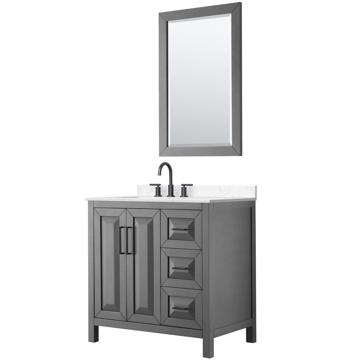 Wyndham Collection Daria 36" Single Bathroom Vanity in Dark Gray, Carrara Cultured Marble Countertop, Undermount Square Sink (3-Hole), Matte Black Trim, 24" Mirror