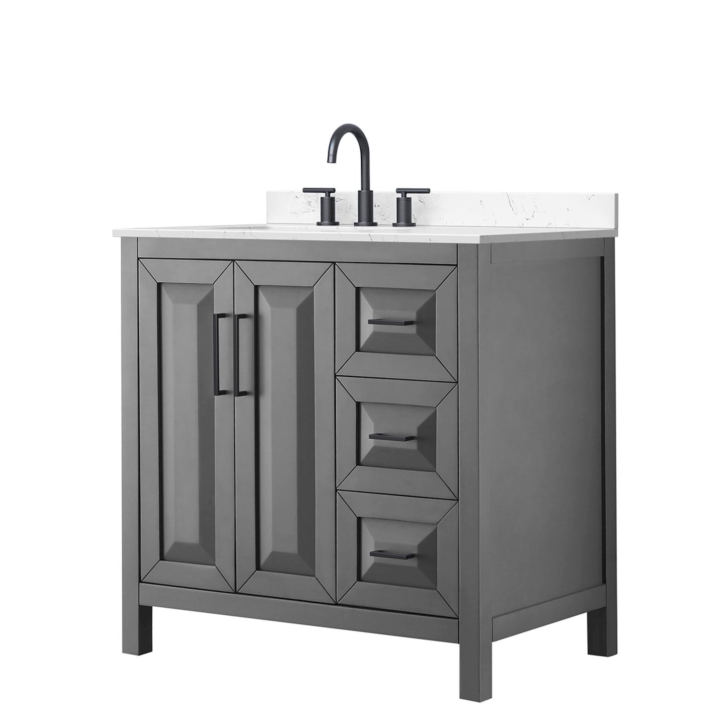 Wyndham Collection Daria 36" Single Bathroom Vanity in Dark Gray, Carrara Cultured Marble Countertop, Undermount Square Sink (3-Hole), Matte Black Trim