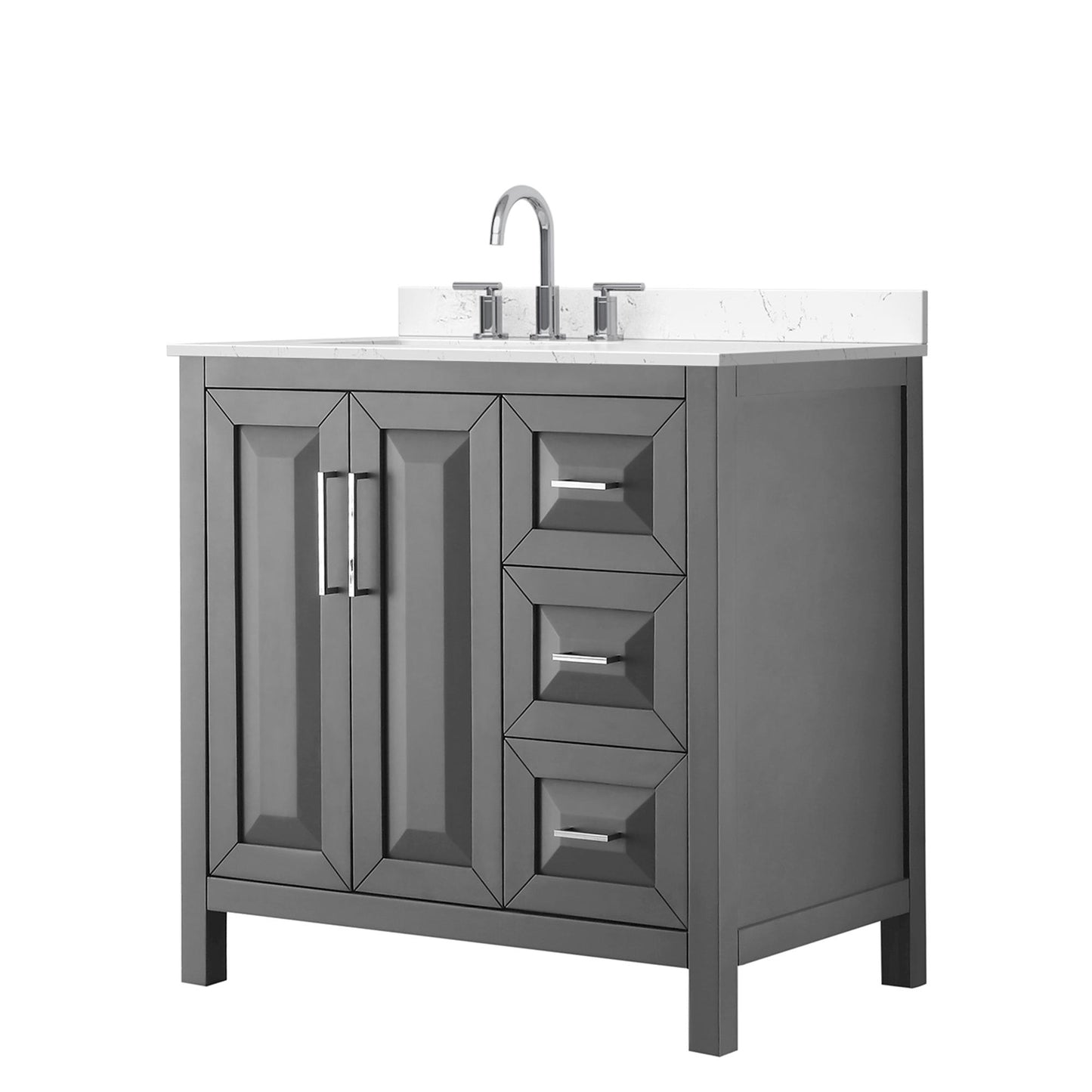 Wyndham Collection Daria 36" Single Bathroom Vanity in Dark Gray, Carrara Cultured Marble Countertop, Undermount Square Sink (3-Hole), Polished Chrome Trim