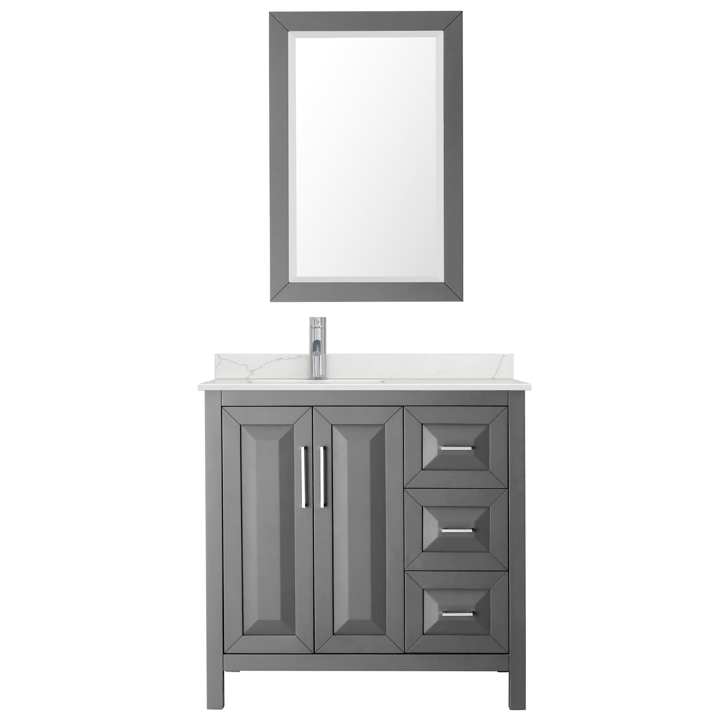 Wyndham Collection Daria 36" Single Bathroom Vanity in Dark Gray, Giotto Quartz Countertop, Undermount Square Sink (1-Hole), Polished Chrome Trim, 24" Mirror