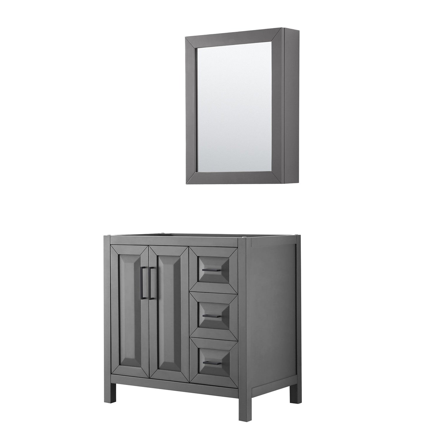 Wyndham Collection Daria 36" Single Bathroom Vanity in Dark Gray, No Countertop, No Sink, Matte Black Trim, Medicine Cabinet