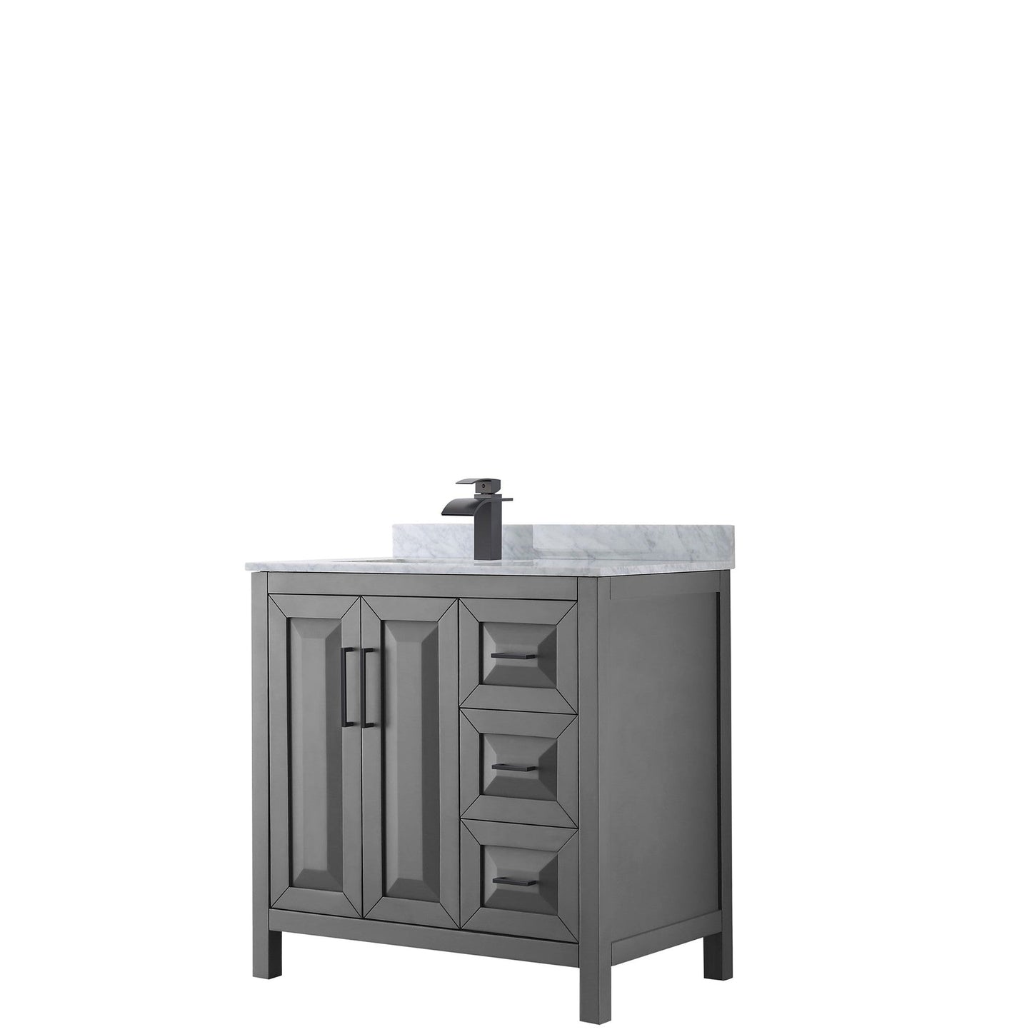 Wyndham Collection Daria 36" Single Bathroom Vanity in Dark Gray, White Carrara Marble Countertop, Undermount Square Sink, Matte Black Trim