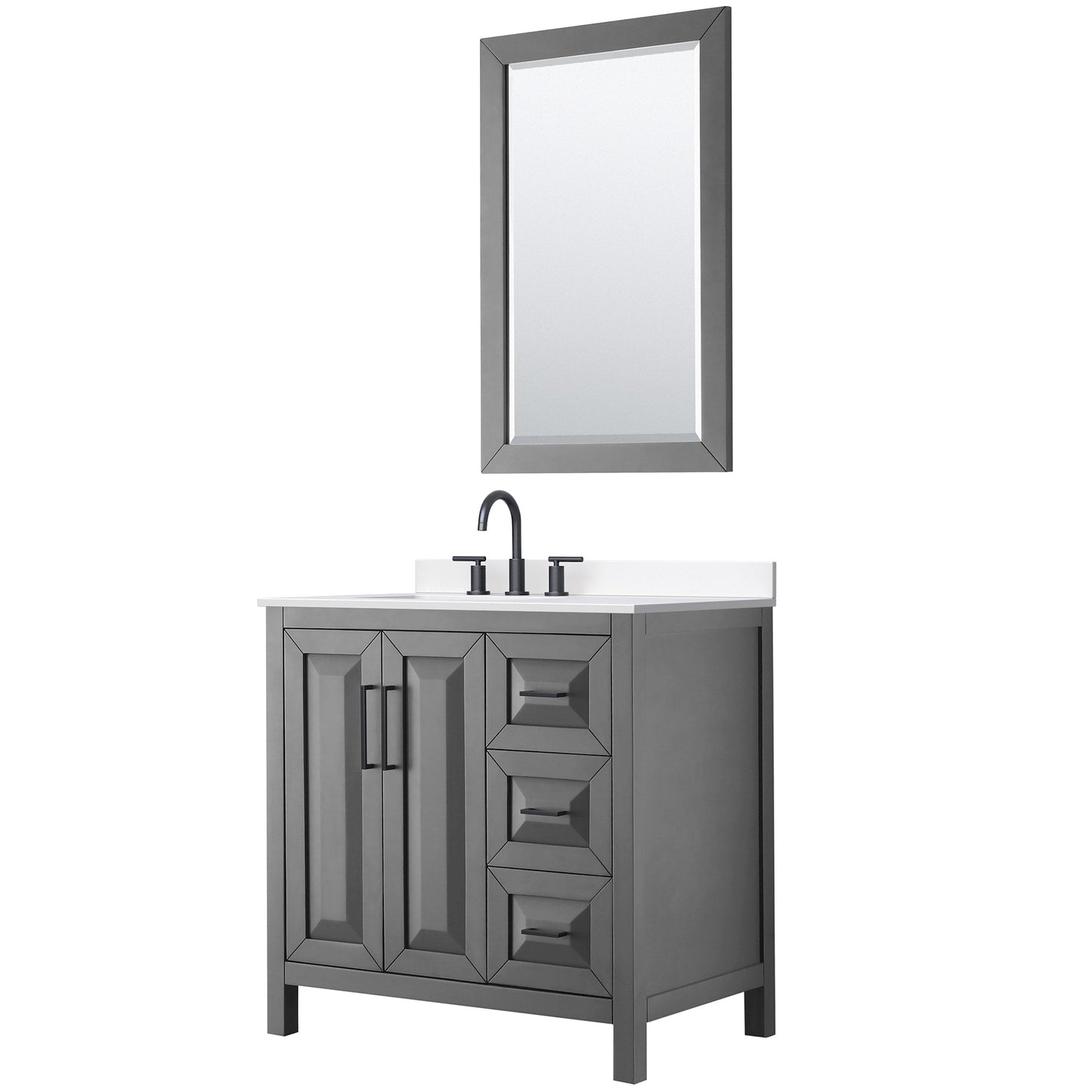Wyndham Collection Daria 36" Single Bathroom Vanity in Dark Gray, White Cultured Marble Countertop, Undermount Square Sink (3-Hole), Matte Black Trim, 24" Mirror