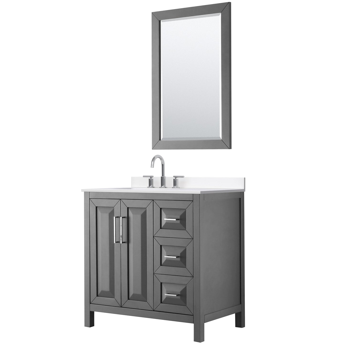 Wyndham Collection Daria 36" Single Bathroom Vanity in Dark Gray, White Cultured Marble Countertop, Undermount Square Sink (3-Hole), Polished Chrome Trim, 24" Mirror