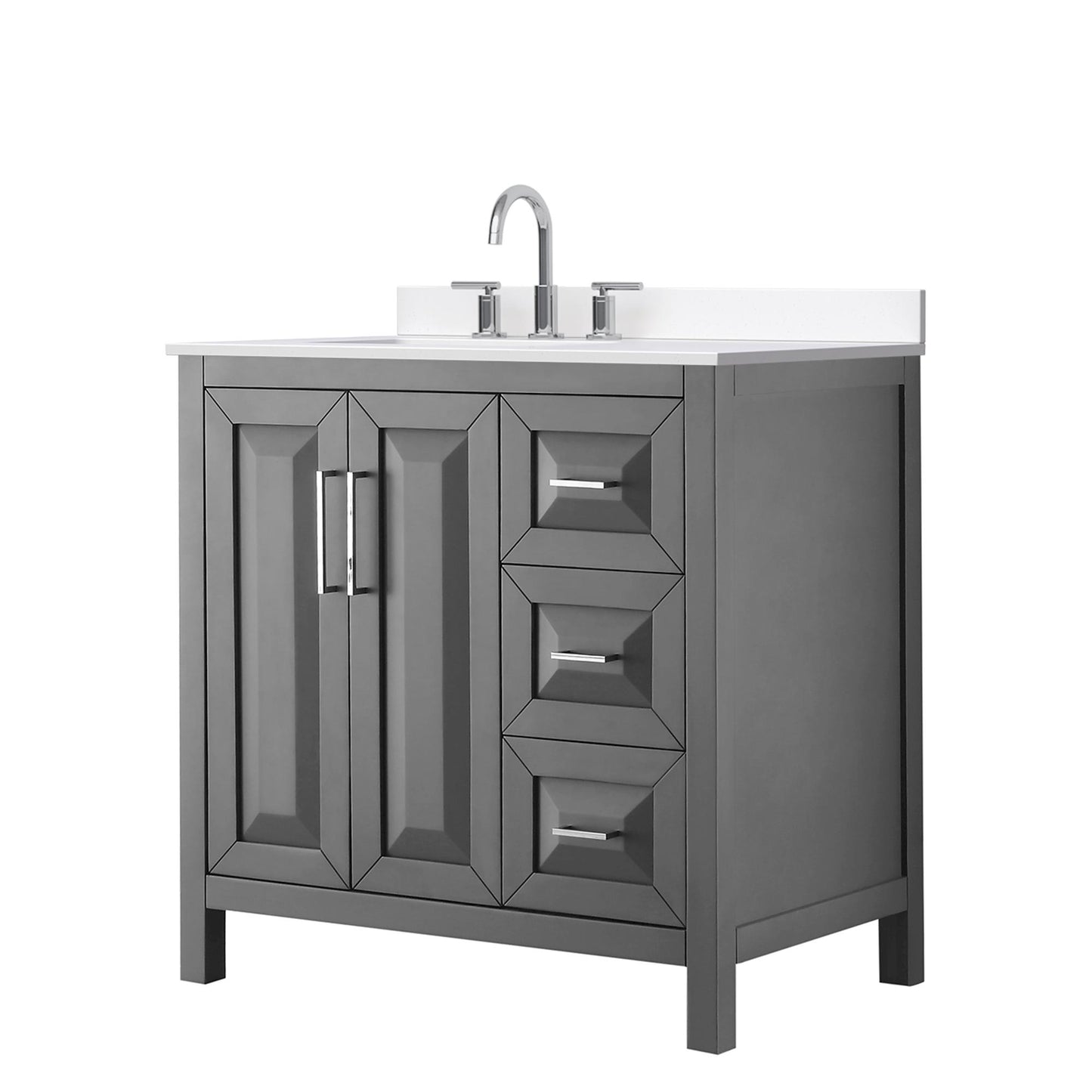 Wyndham Collection Daria 36" Single Bathroom Vanity in Dark Gray, White Cultured Marble Countertop, Undermount Square Sink (3-Hole), Polished Chrome Trim