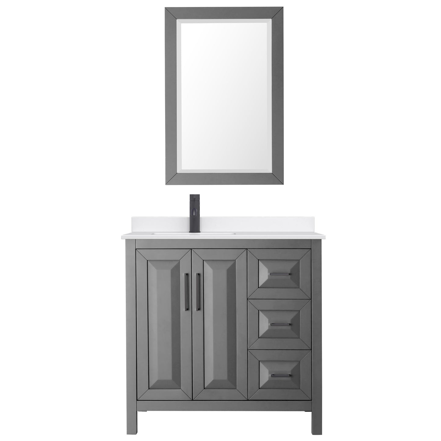 Wyndham Collection Daria 36" Single Bathroom Vanity in Dark Gray, White Quartz Countertop, Undermount Square Sink (1-Hole), Matte Black Trim, 24" Mirror