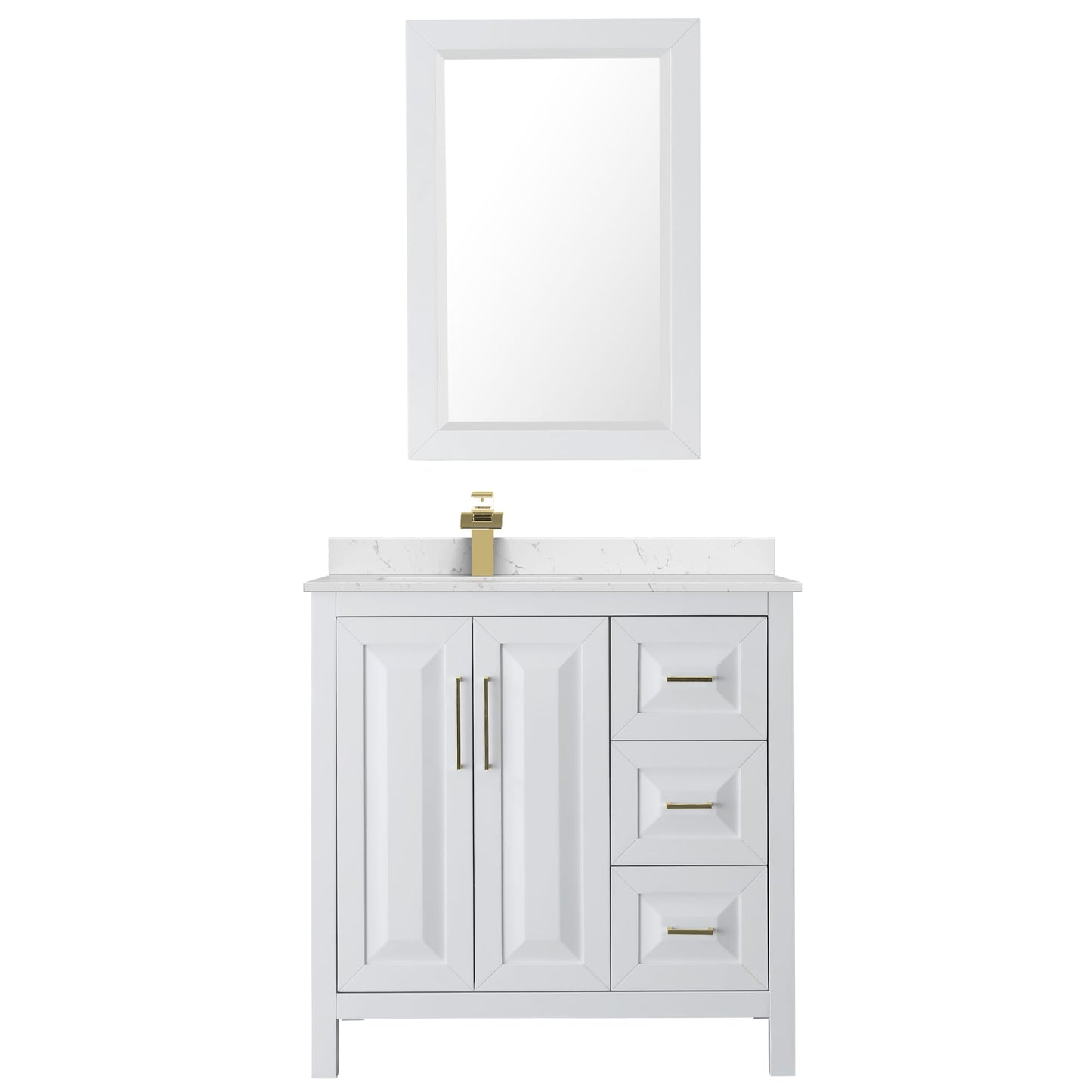 Wyndham Collection Daria 36" Single Bathroom Vanity in White, Carrara Cultured Marble Countertop, Undermount Square Sink (1-Hole), Brushed Gold Trim, 24" Mirror